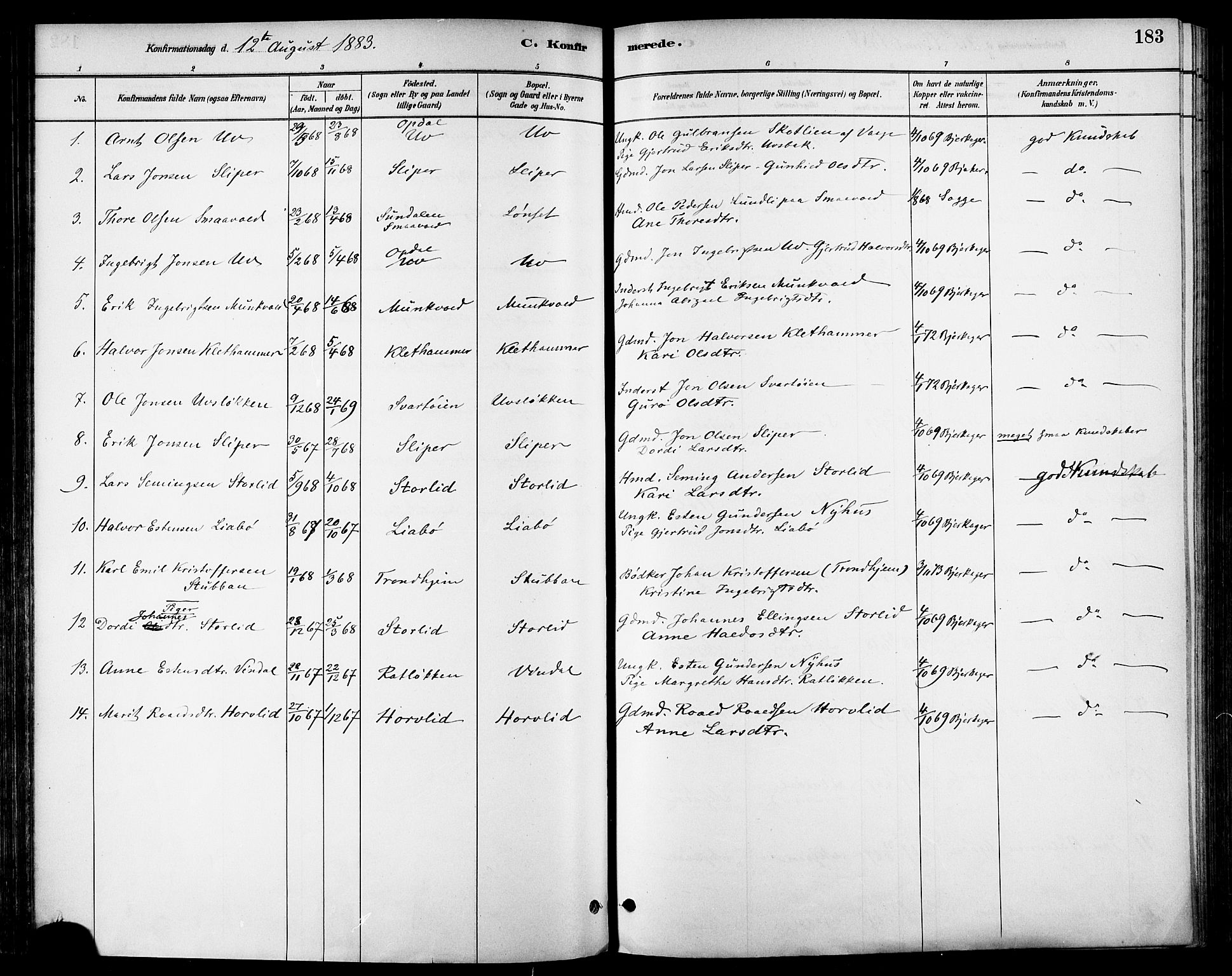 Ministerialprotokoller, klokkerbøker og fødselsregistre - Sør-Trøndelag, AV/SAT-A-1456/678/L0901: Parish register (official) no. 678A10, 1881-1894, p. 183