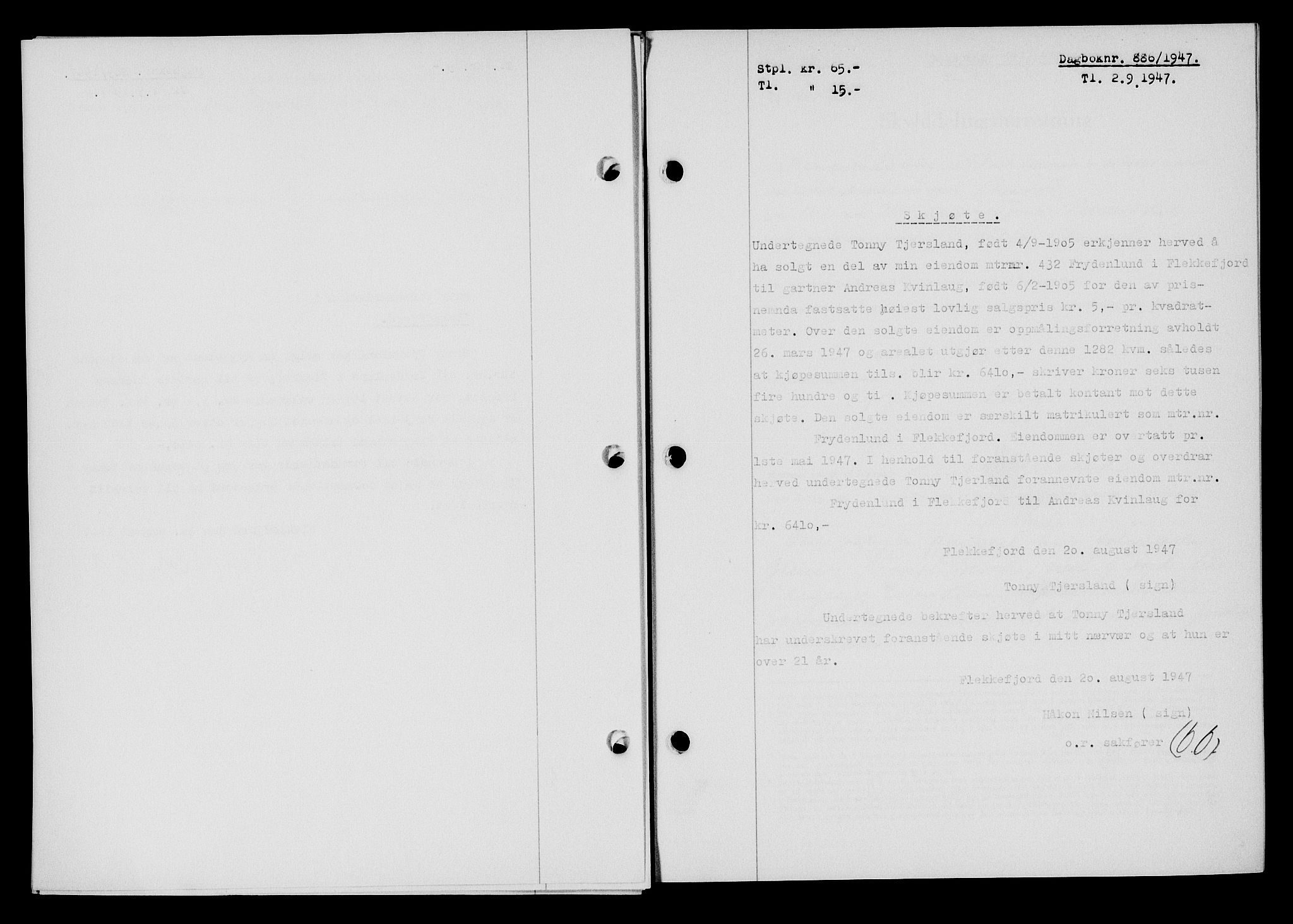 Flekkefjord sorenskriveri, SAK/1221-0001/G/Gb/Gba/L0062: Mortgage book no. A-10, 1947-1947, Diary no: : 886/1947
