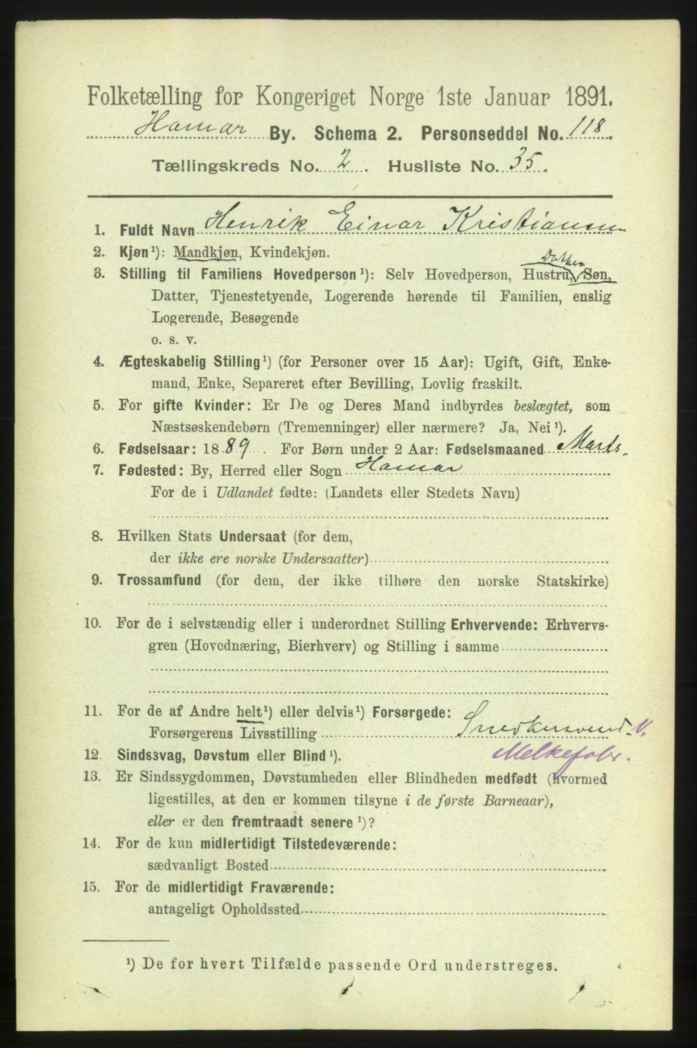 RA, 1891 census for 0401 Hamar, 1891, p. 1583