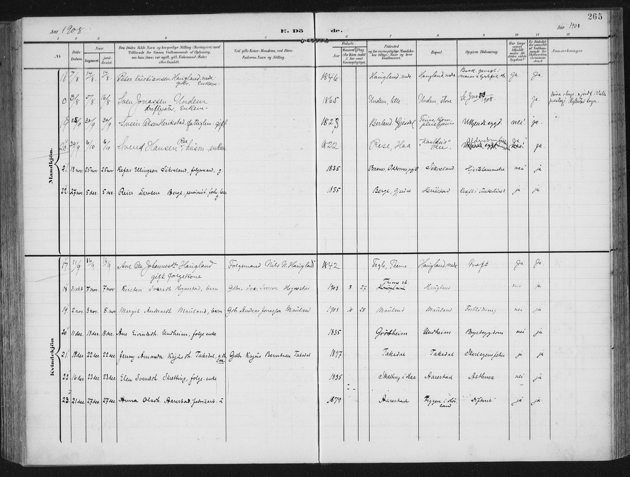 Lye sokneprestkontor, AV/SAST-A-101794/002/A/L0001: Parish register (official) no. A 12, 1904-1920, p. 265