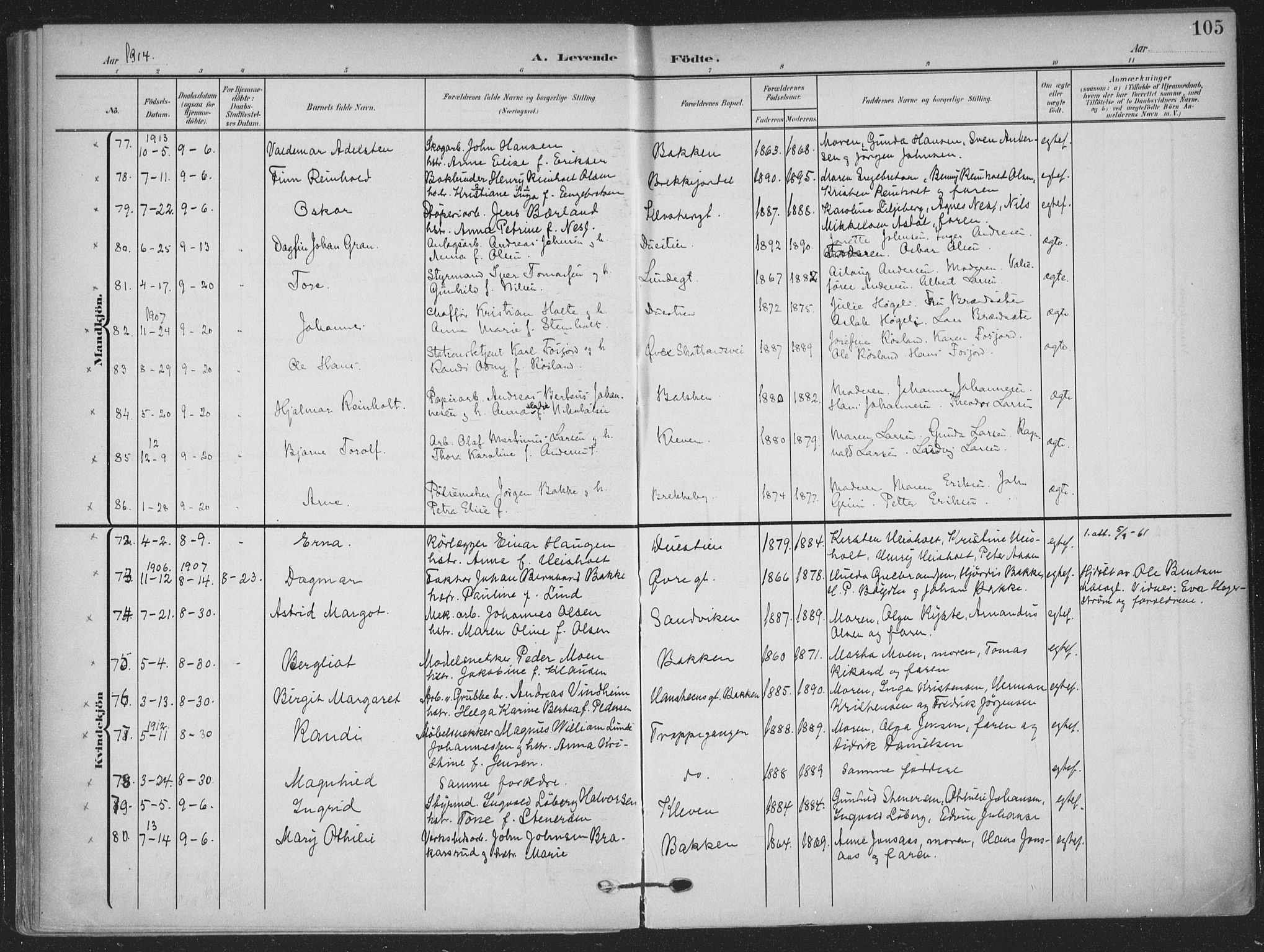 Skien kirkebøker, SAKO/A-302/F/Fa/L0012: Parish register (official) no. 12, 1908-1914, p. 105