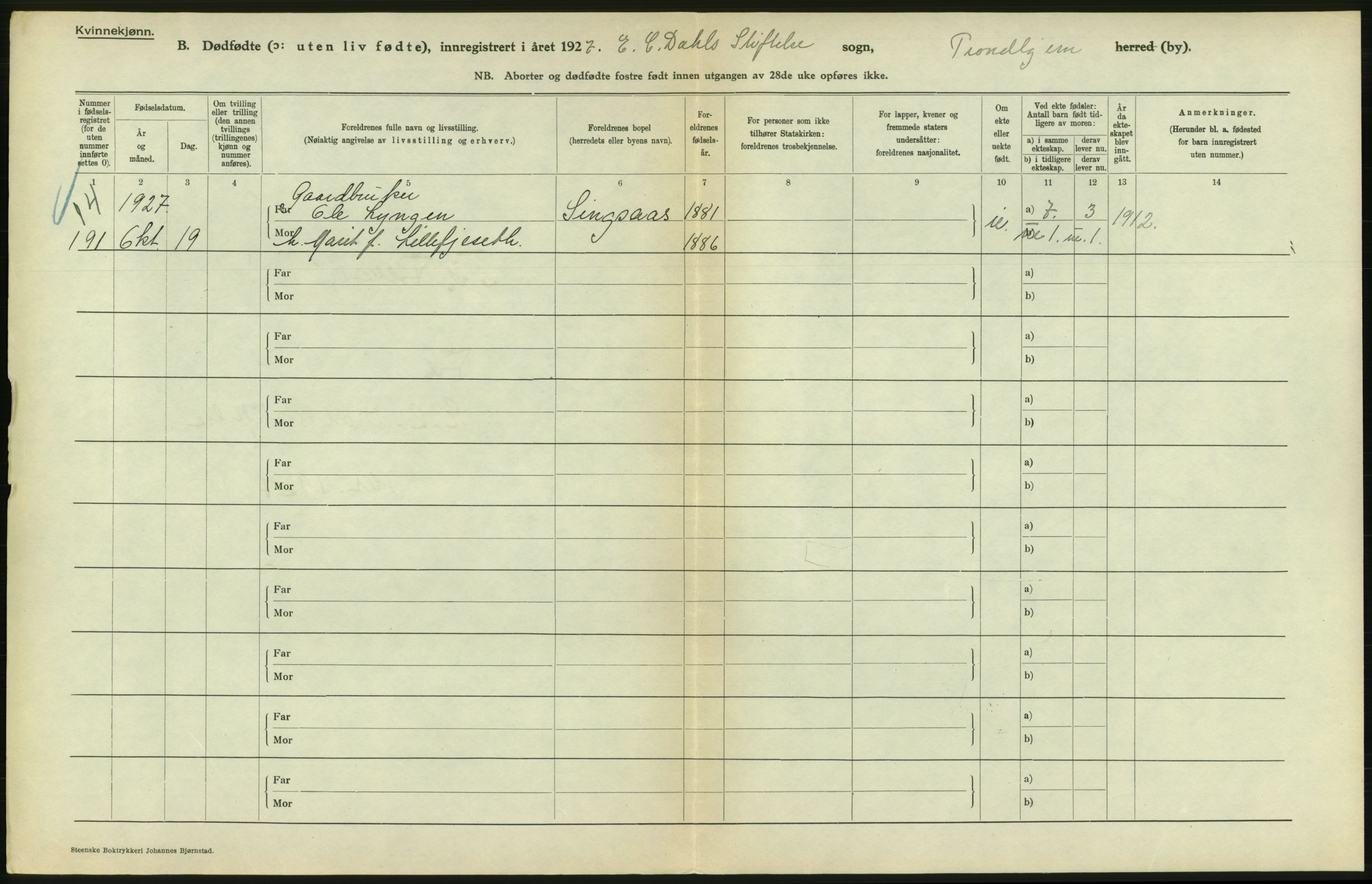 Statistisk sentralbyrå, Sosiodemografiske emner, Befolkning, AV/RA-S-2228/D/Df/Dfc/Dfcg/L0037: Trondheim: Levendefødte menn og kvinner, gifte, døde, dødfødte., 1927, p. 576