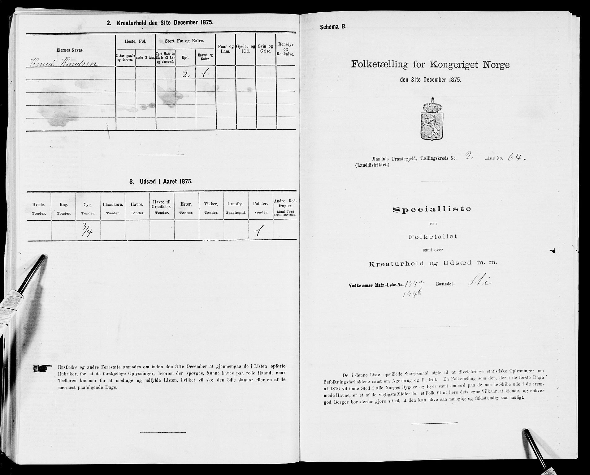 SAK, 1875 census for 1019L Mandal/Halse og Harkmark, 1875, p. 347