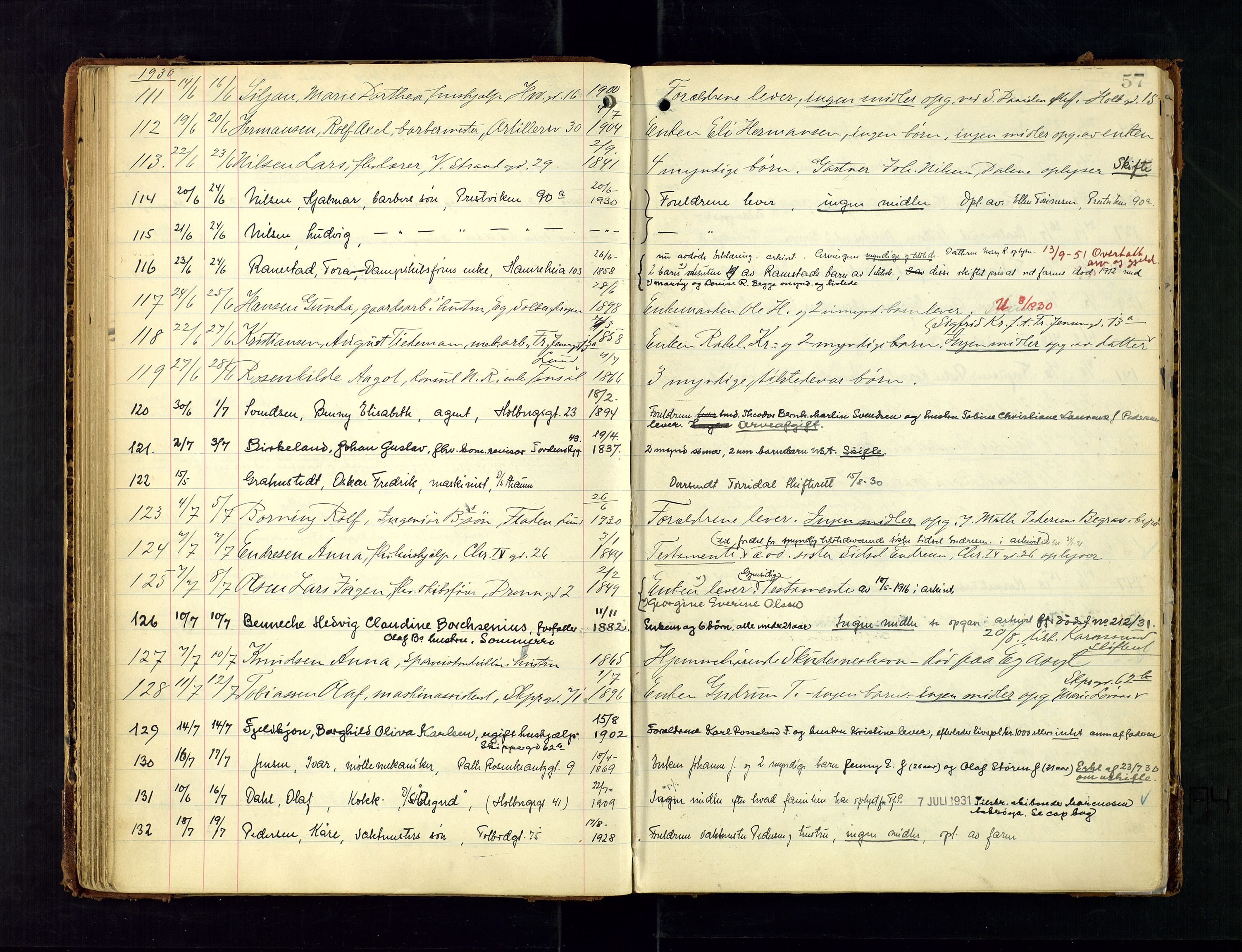 Kristiansand byrett - 2, AV/SAK-1223-0002/J/Ja/L0155/0002: Dødsfallsprotokoller / Dødsfallsprotokoll, 1925-1938, p. 57