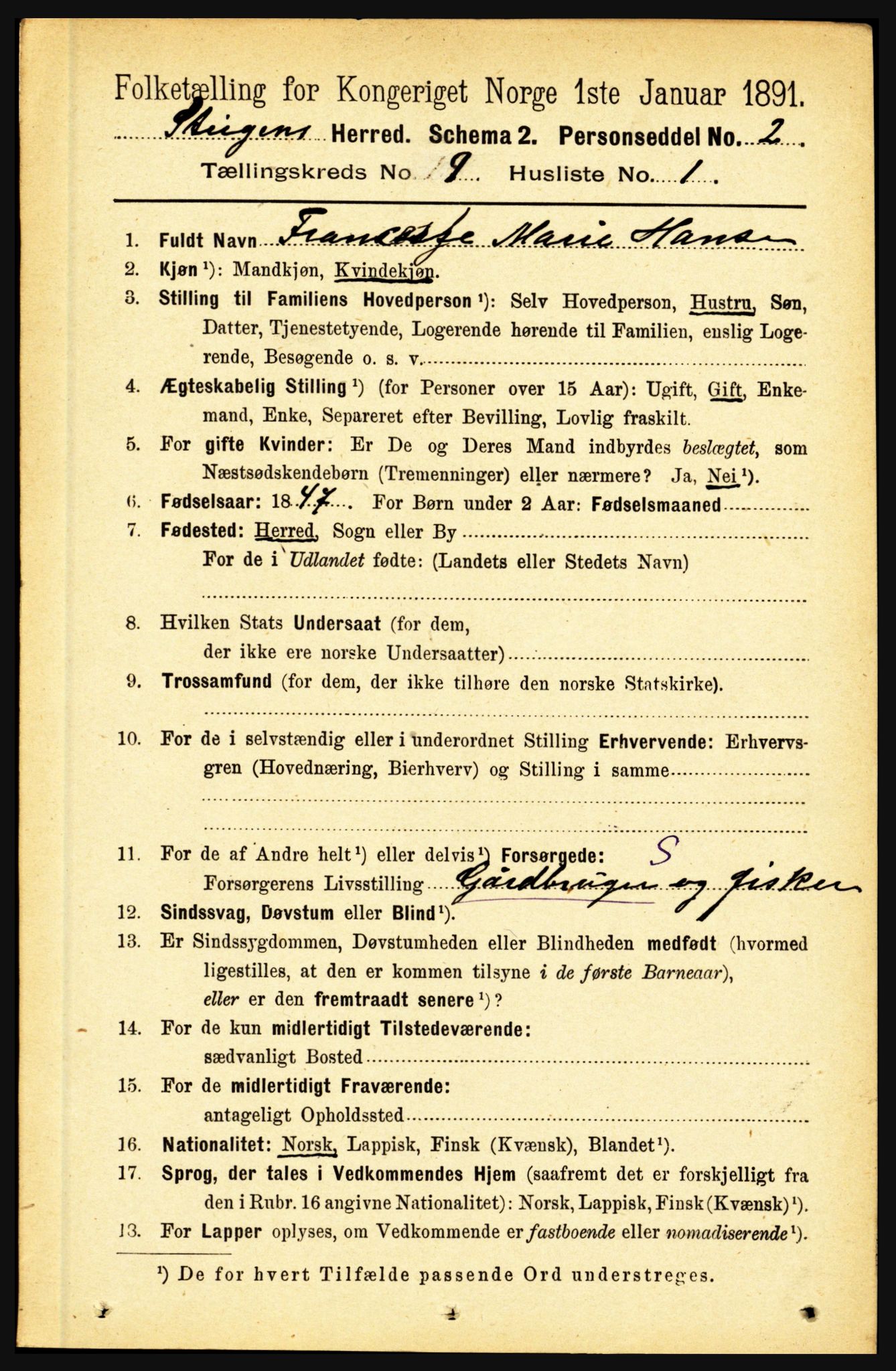 RA, 1891 census for 1848 Steigen, 1891, p. 3058