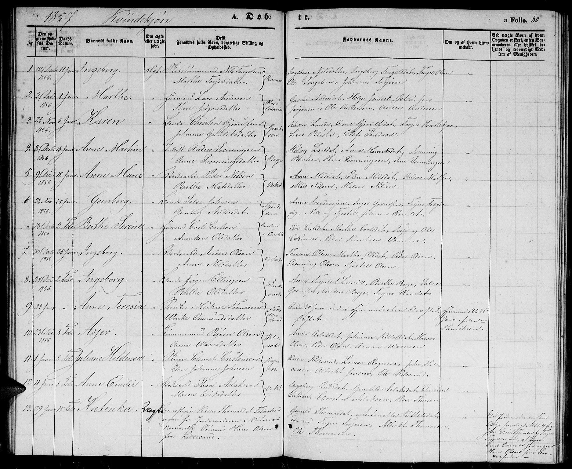 Holt sokneprestkontor, AV/SAK-1111-0021/F/Fb/L0007: Parish register (copy) no. B 7, 1849-1858, p. 80