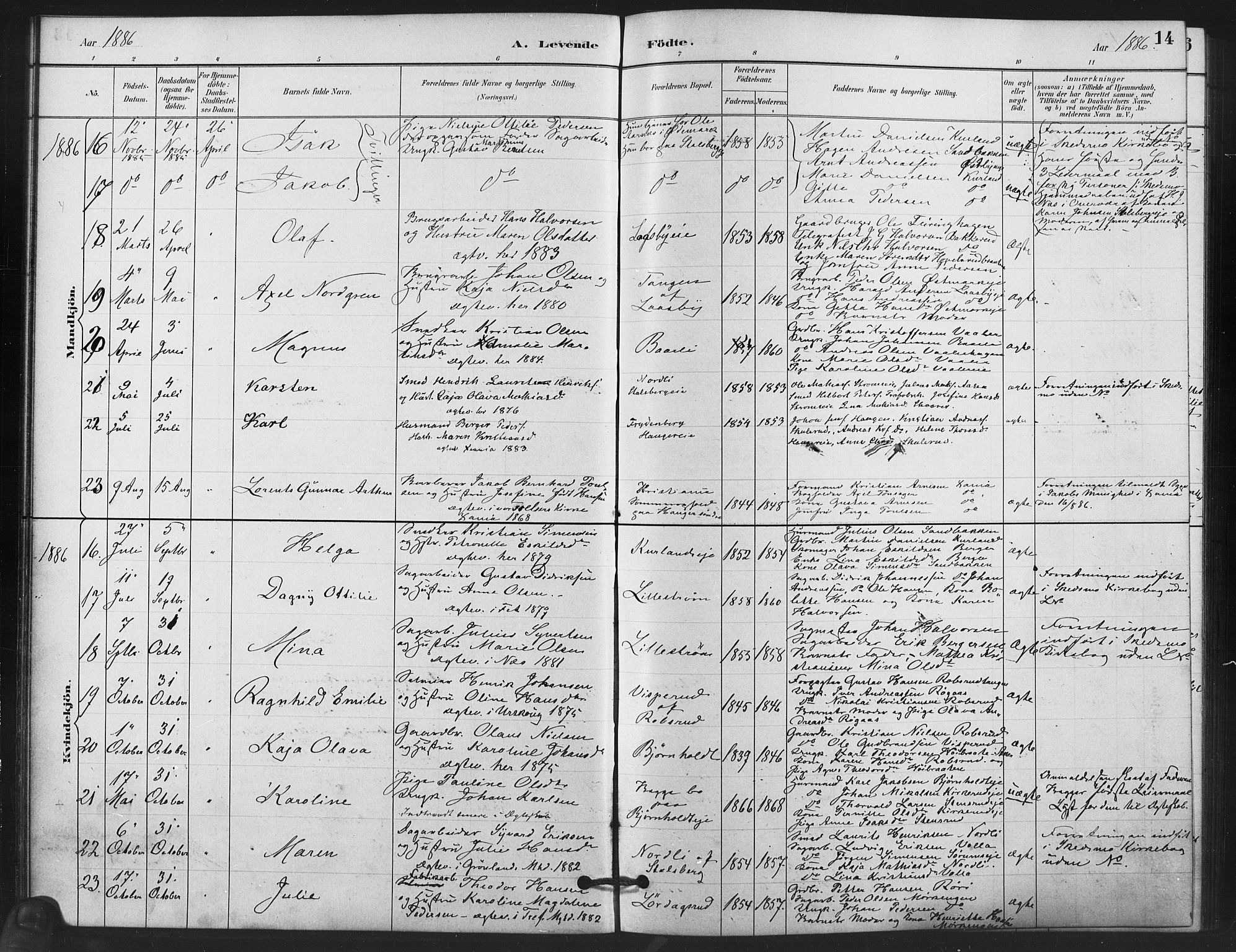 Skedsmo prestekontor Kirkebøker, AV/SAO-A-10033a/F/Fb/L0001: Parish register (official) no. II 1, 1883-1901, p. 14