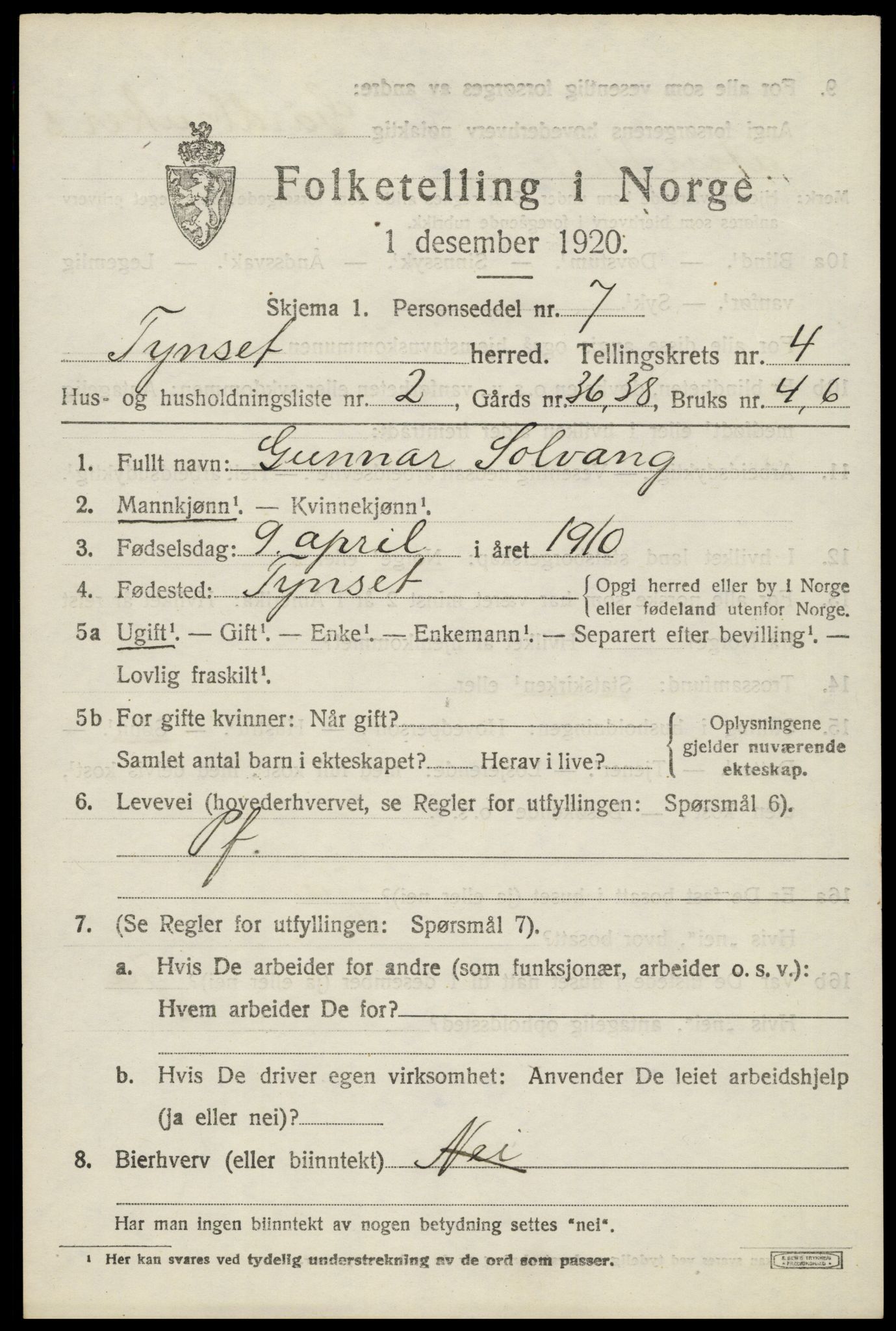 SAH, 1920 census for Tynset, 1920, p. 3198