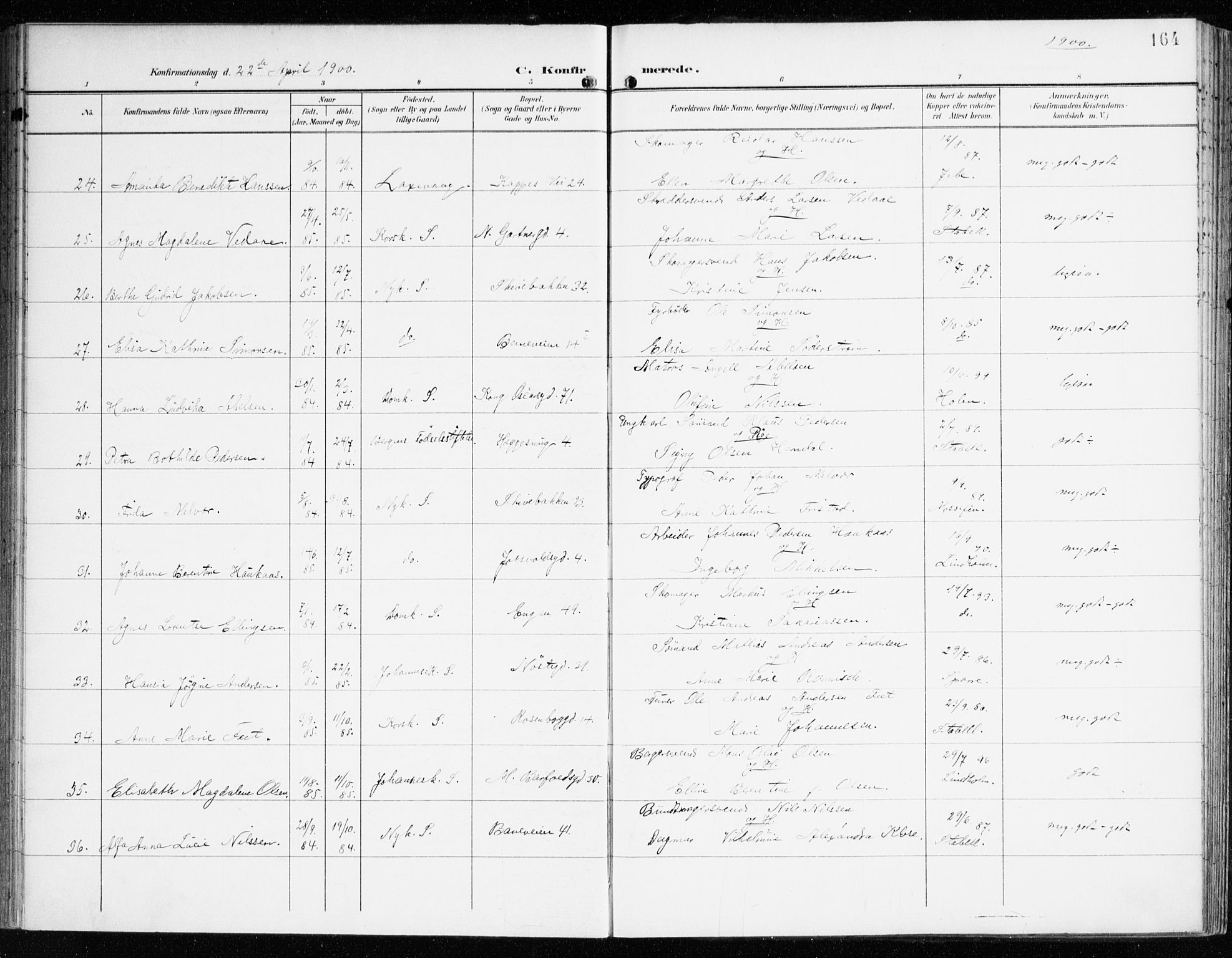 Domkirken sokneprestembete, AV/SAB-A-74801/H/Haa/L0031: Parish register (official) no. C 6, 1898-1915, p. 164