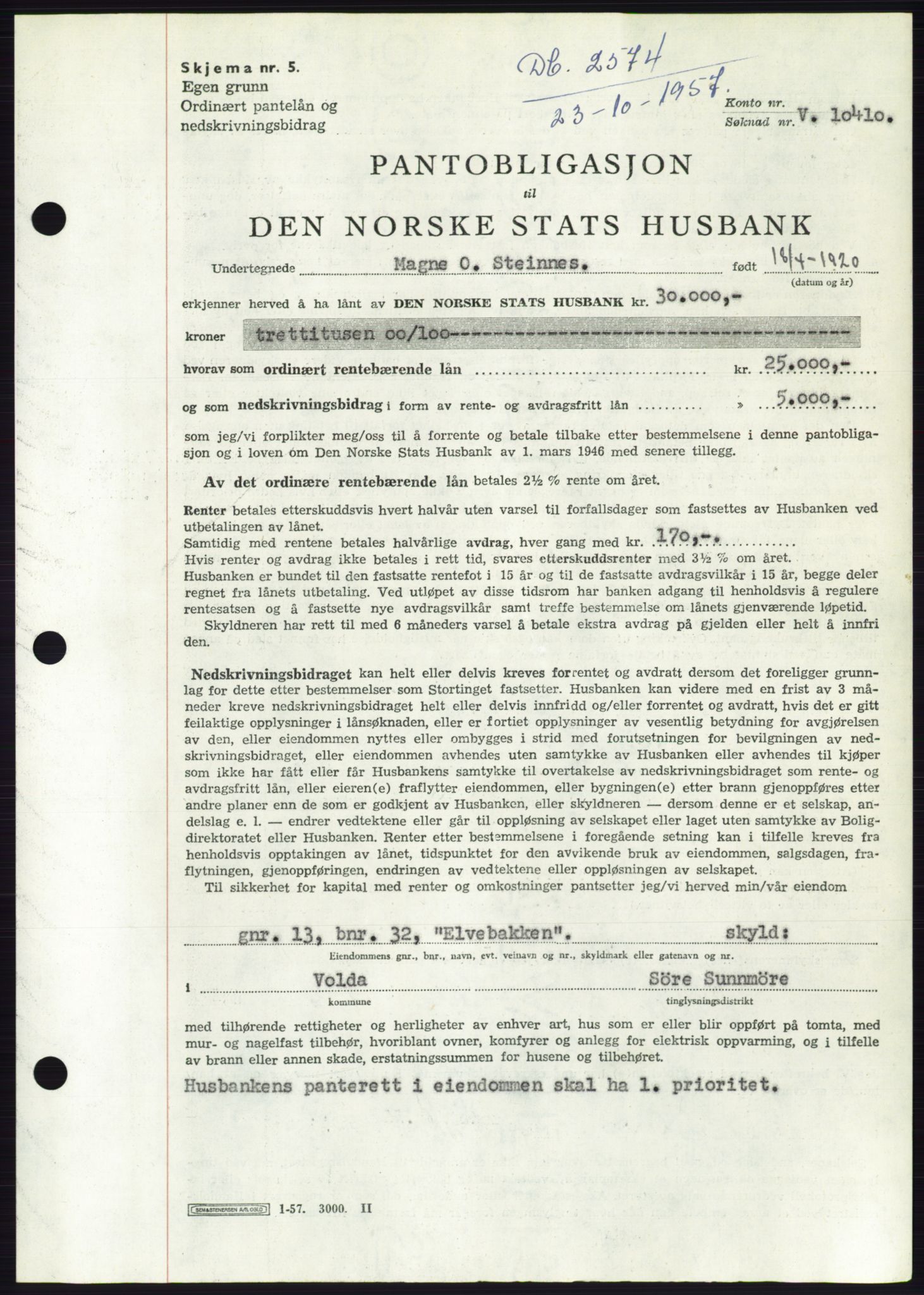 Søre Sunnmøre sorenskriveri, AV/SAT-A-4122/1/2/2C/L0130: Mortgage book no. 18B, 1957-1958, Diary no: : 2574/1957