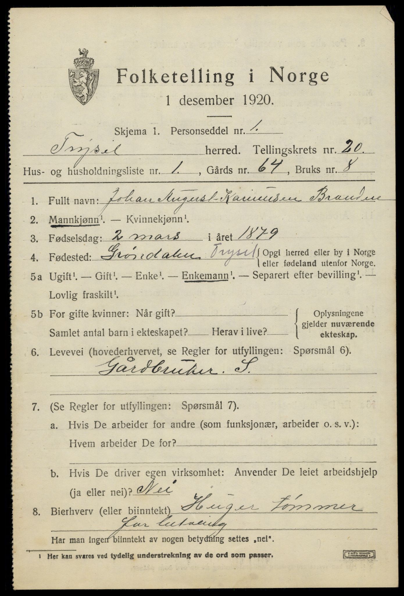 SAH, 1920 census for Trysil, 1920, p. 13019