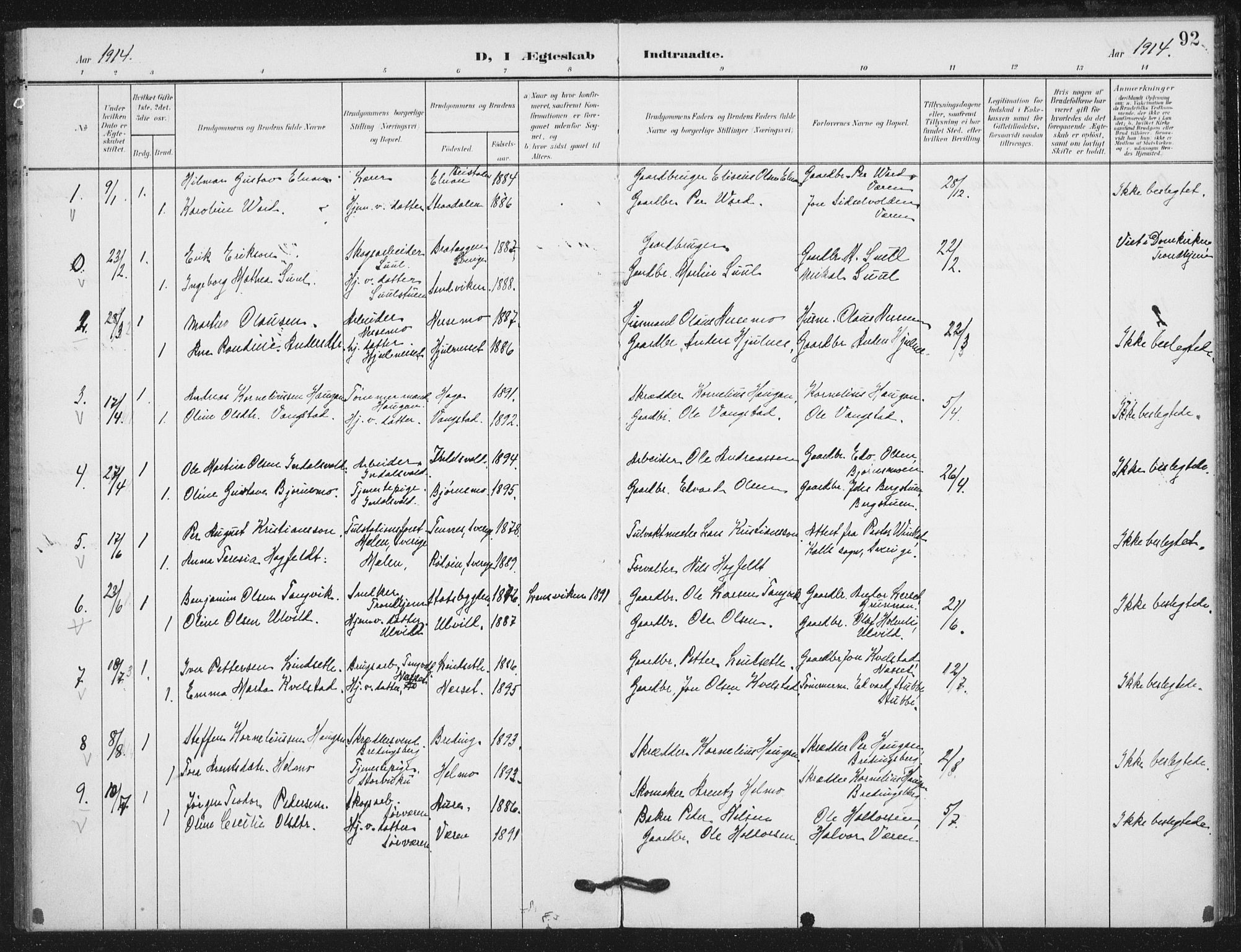 Ministerialprotokoller, klokkerbøker og fødselsregistre - Nord-Trøndelag, SAT/A-1458/724/L0264: Parish register (official) no. 724A02, 1908-1915, p. 92