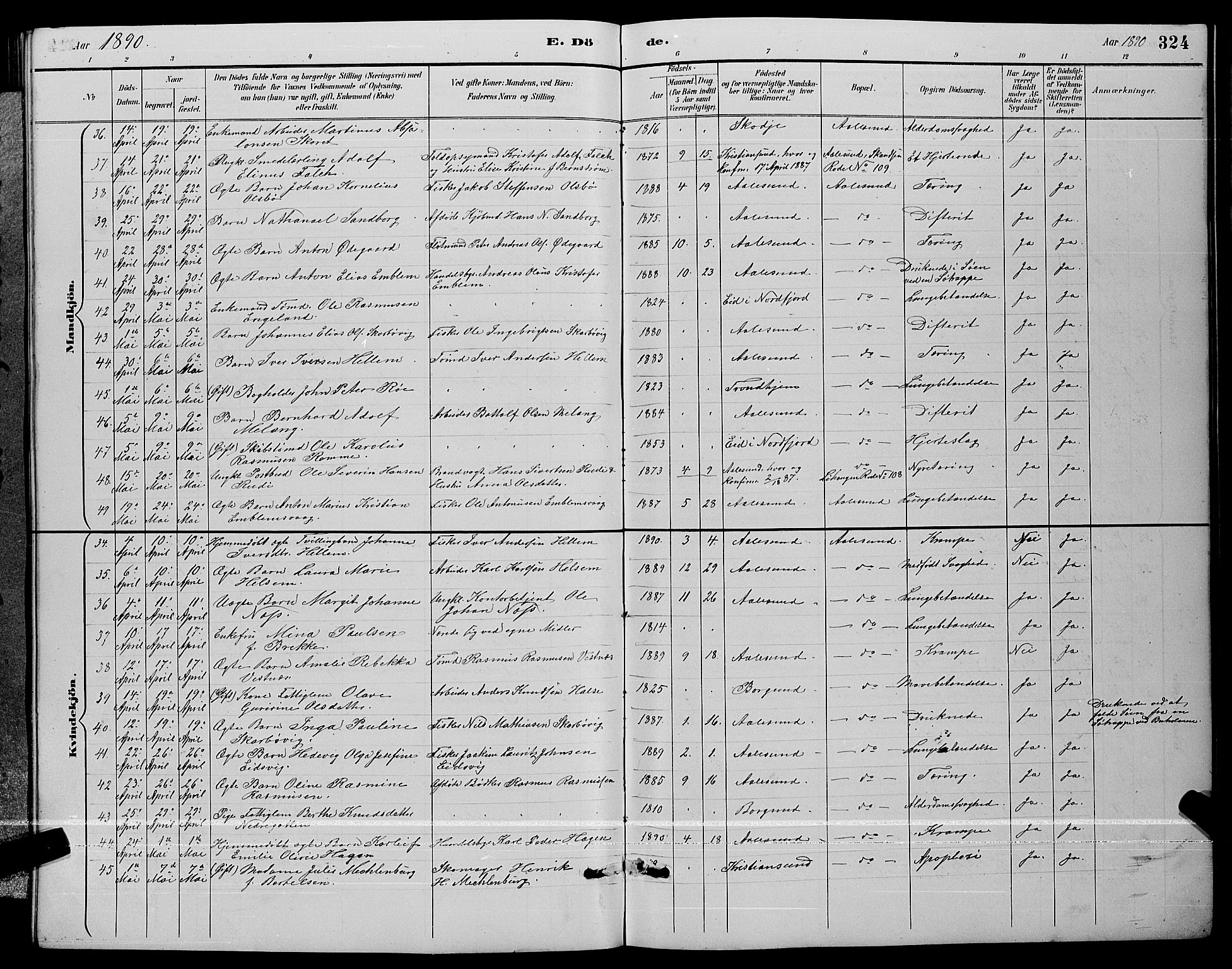 Ministerialprotokoller, klokkerbøker og fødselsregistre - Møre og Romsdal, AV/SAT-A-1454/529/L0467: Parish register (copy) no. 529C04, 1889-1897, p. 324