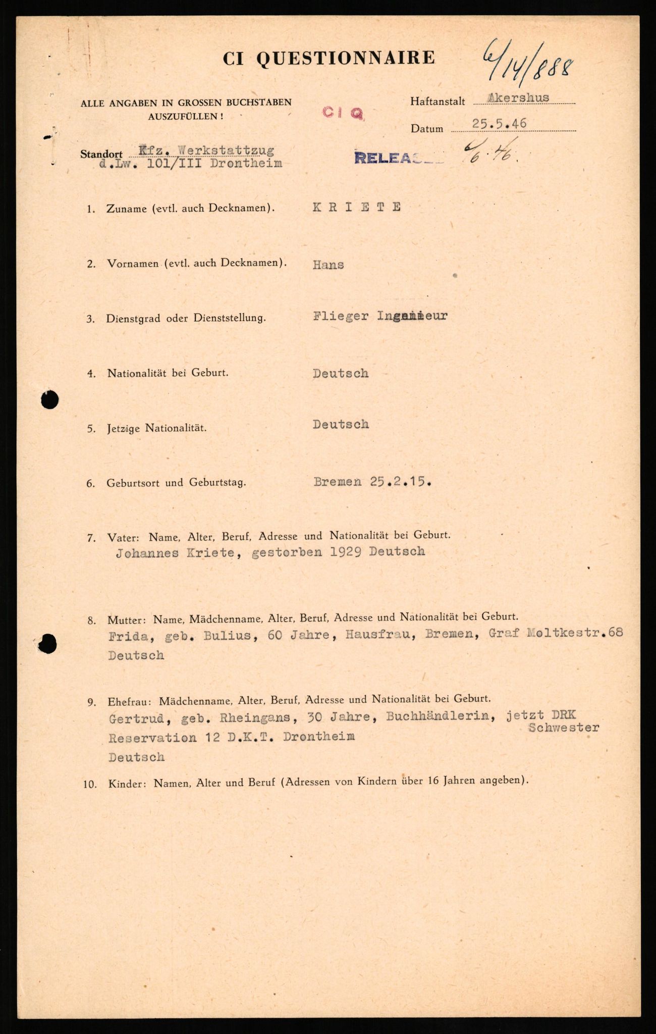 Forsvaret, Forsvarets overkommando II, AV/RA-RAFA-3915/D/Db/L0018: CI Questionaires. Tyske okkupasjonsstyrker i Norge. Tyskere., 1945-1946, p. 193