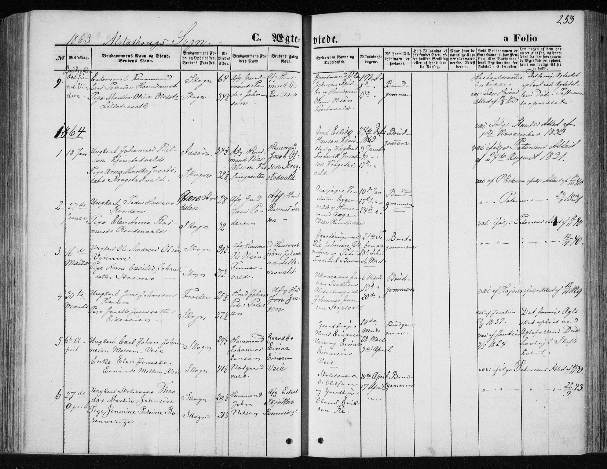 Ministerialprotokoller, klokkerbøker og fødselsregistre - Nord-Trøndelag, SAT/A-1458/717/L0157: Parish register (official) no. 717A08 /1, 1863-1877, p. 253