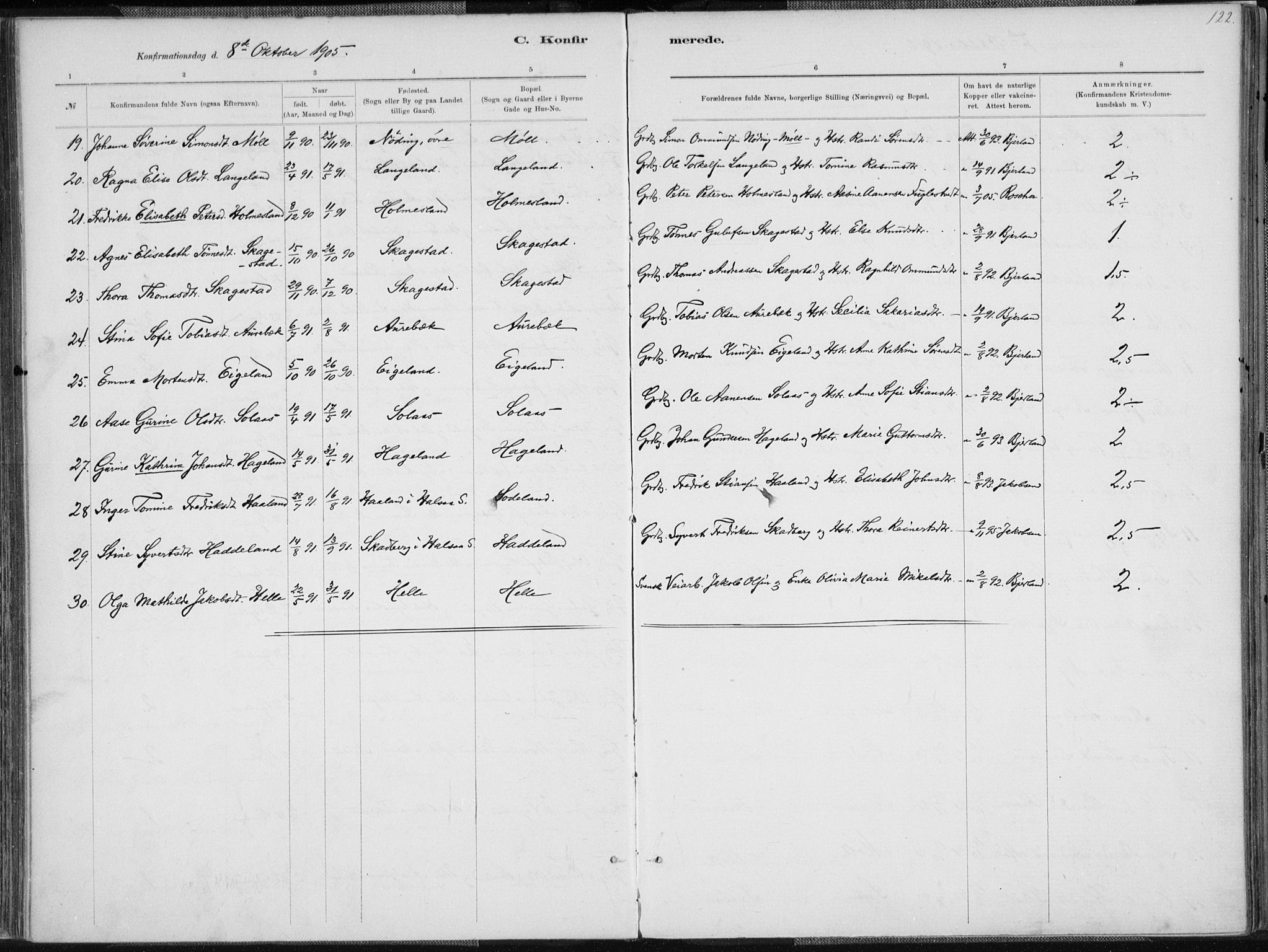 Holum sokneprestkontor, SAK/1111-0022/F/Fa/Faa/L0007: Parish register (official) no. A 7, 1884-1907, p. 122