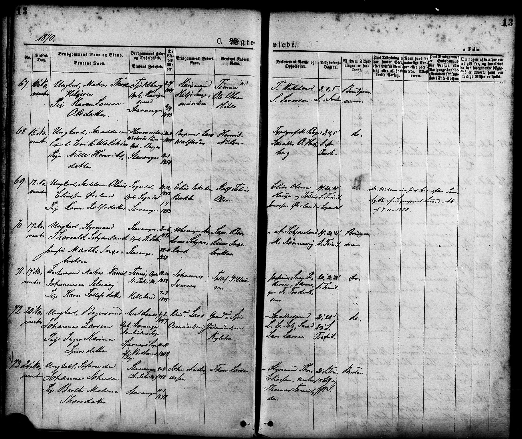 St. Petri sokneprestkontor, AV/SAST-A-101813/001/30/30BA/L0010: Parish register (official) no. A 10, 1869-1878, p. 13