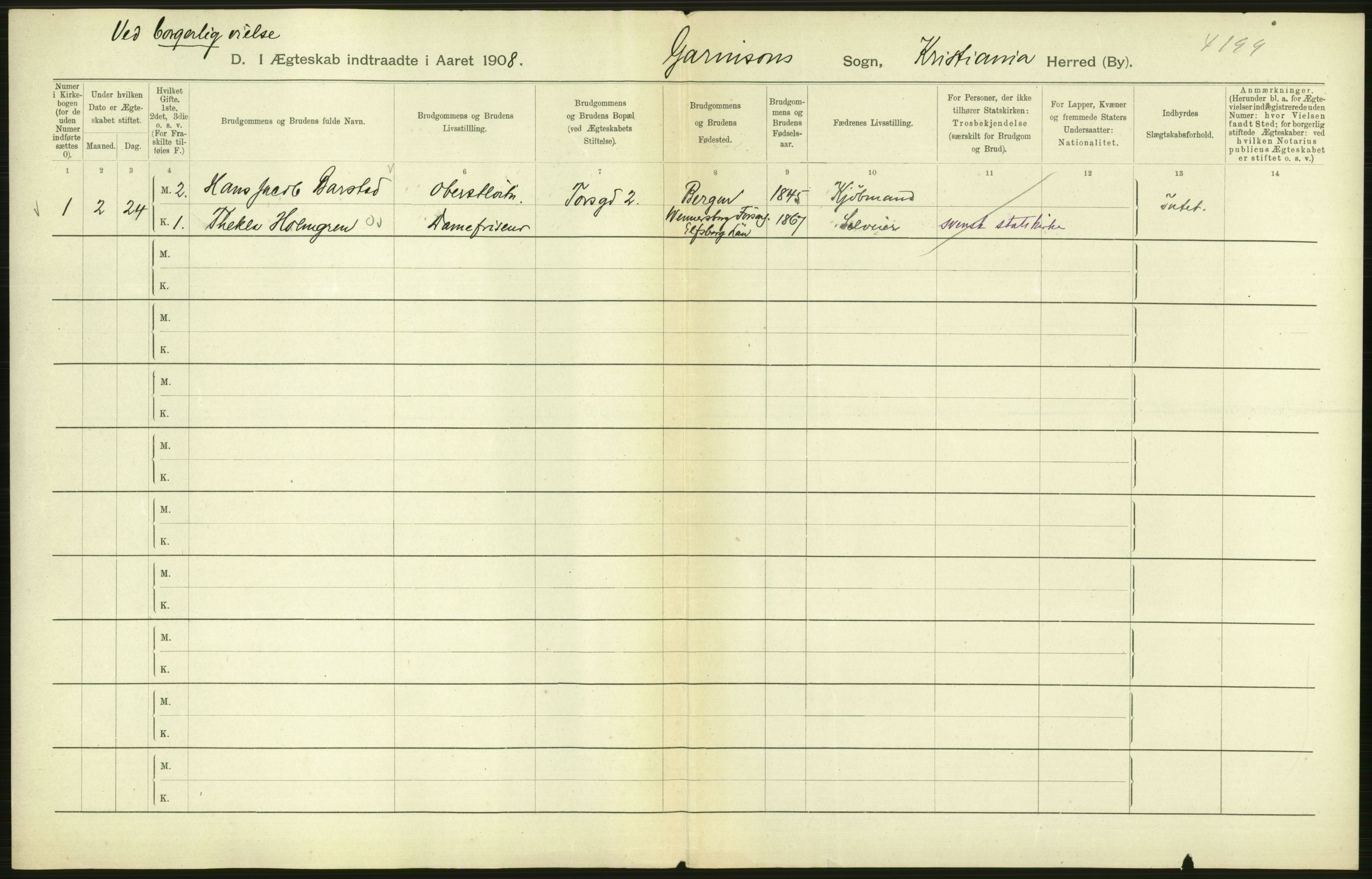 Statistisk sentralbyrå, Sosiodemografiske emner, Befolkning, AV/RA-S-2228/D/Df/Dfa/Dfaf/L0007: Kristiania: Gifte, 1908, p. 516