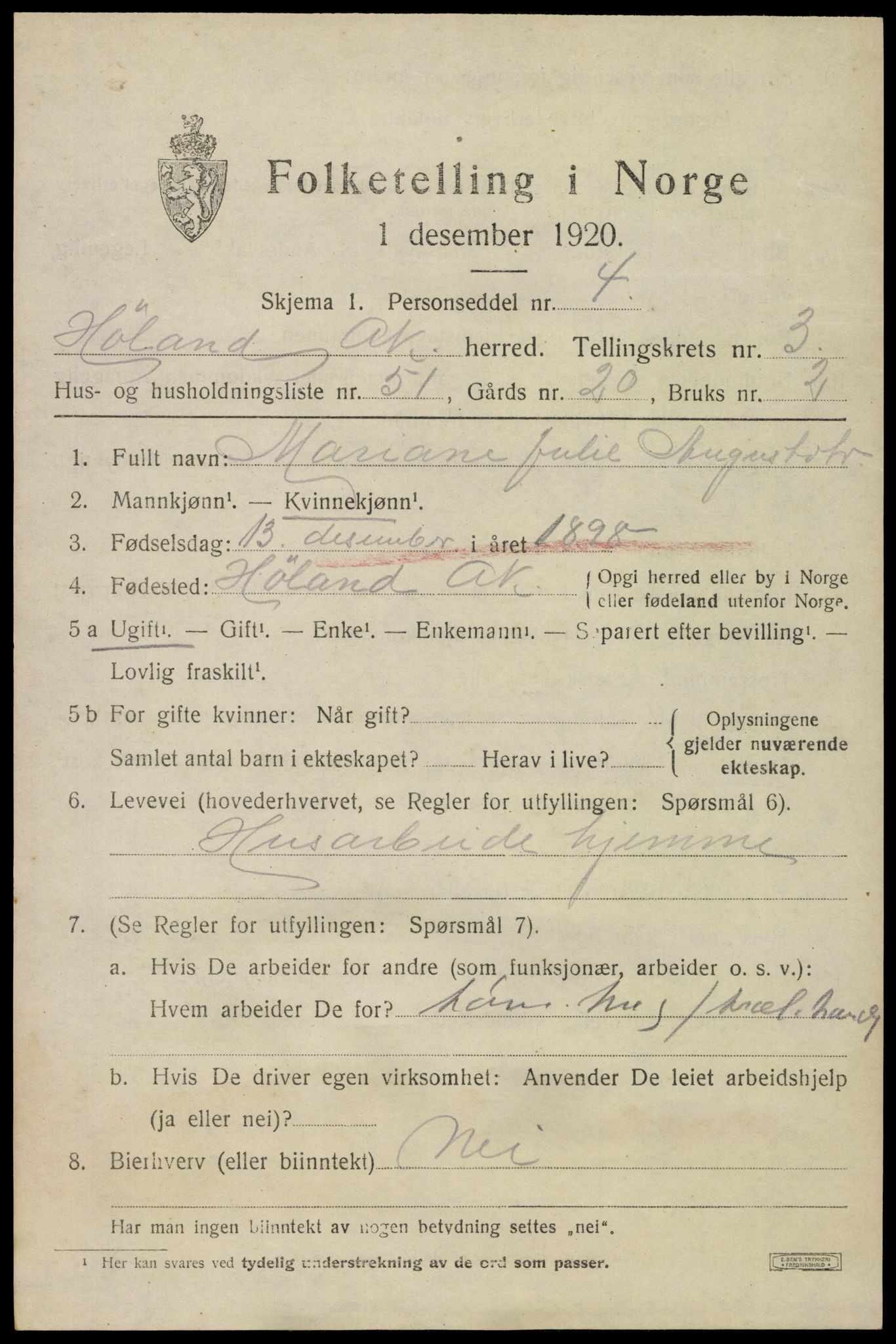 SAO, 1920 census for Høland, 1920, p. 5611