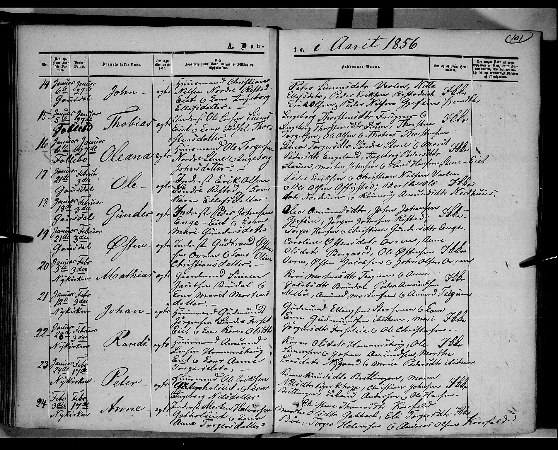 Gausdal prestekontor, SAH/PREST-090/H/Ha/Haa/L0008: Parish register (official) no. 8, 1850-1861, p. 101