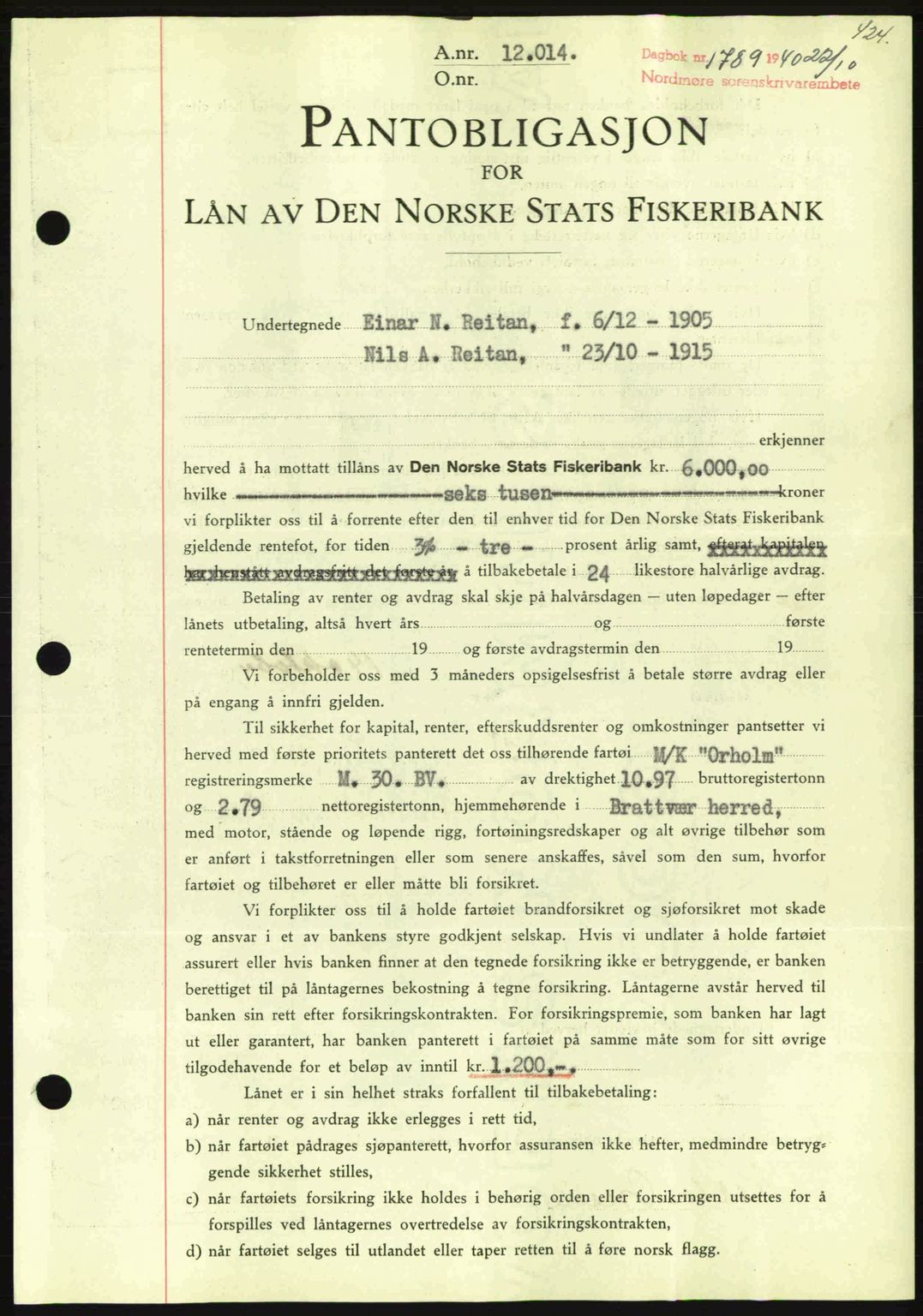 Nordmøre sorenskriveri, AV/SAT-A-4132/1/2/2Ca: Mortgage book no. B87, 1940-1941, Diary no: : 1789/1940