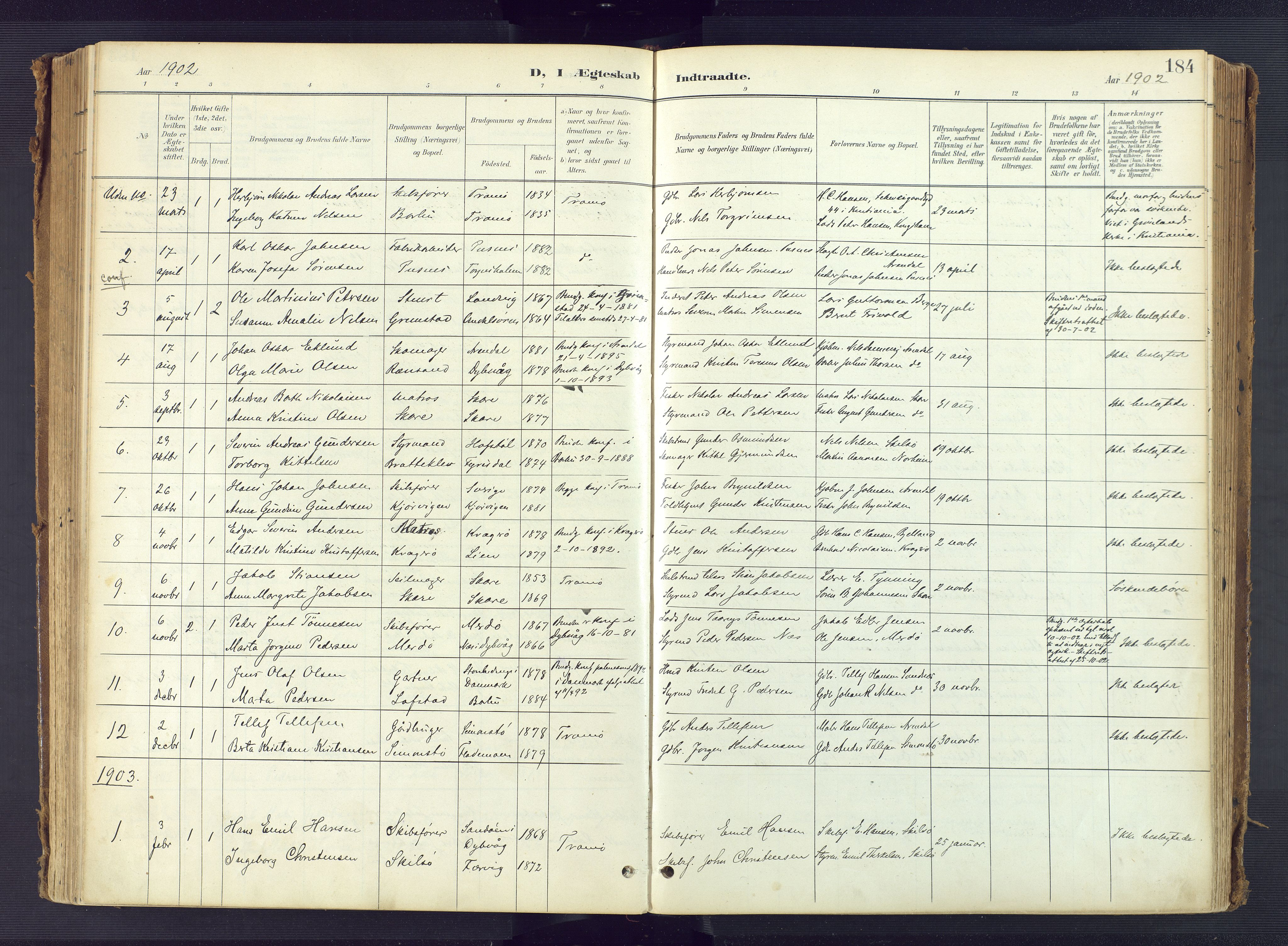 Tromøy sokneprestkontor, AV/SAK-1111-0041/F/Fa/L0010: Parish register (official) no. A 10, 1896-1912, p. 184