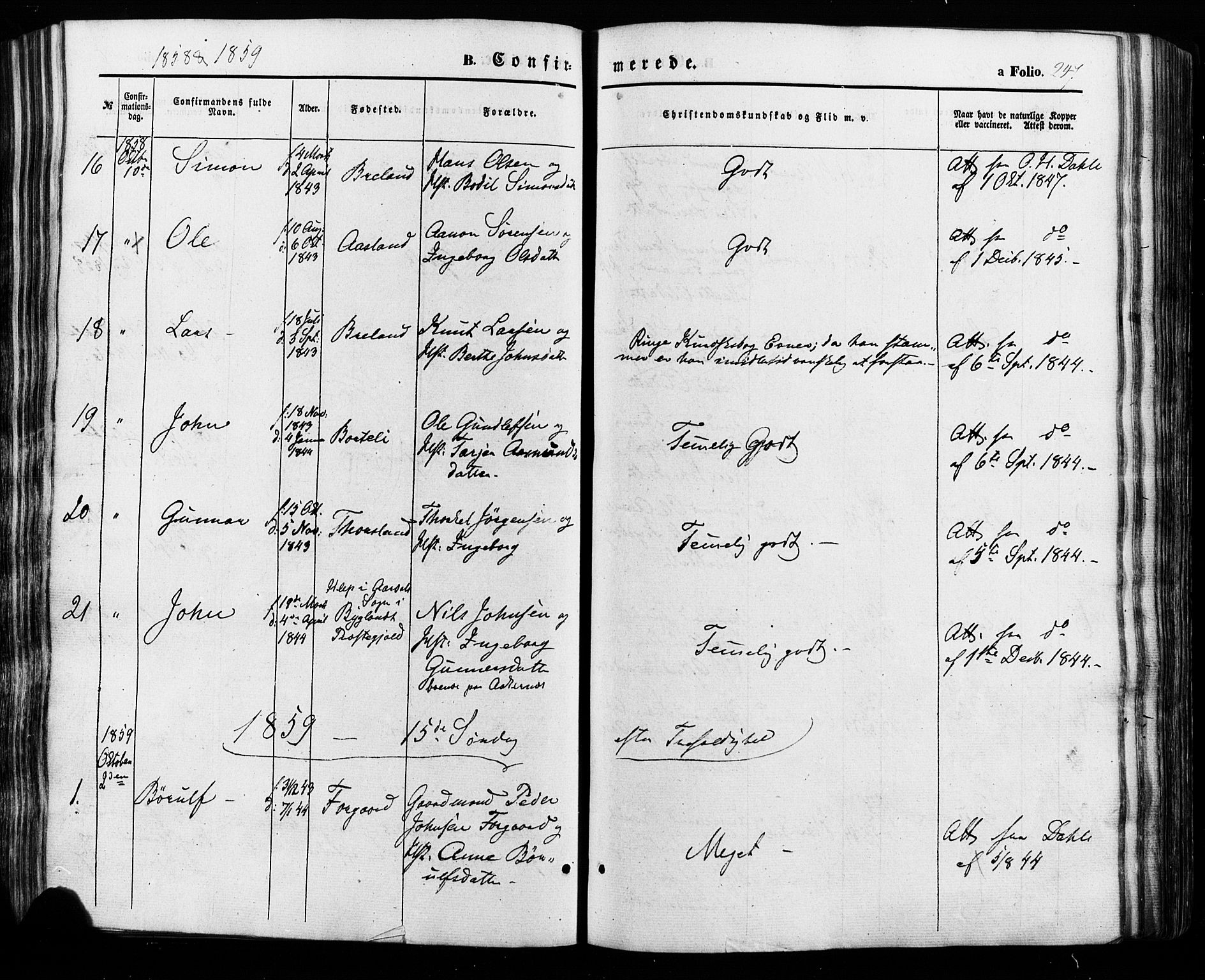 Åseral sokneprestkontor, SAK/1111-0051/F/Fa/L0002: Parish register (official) no. A 2, 1854-1884, p. 247