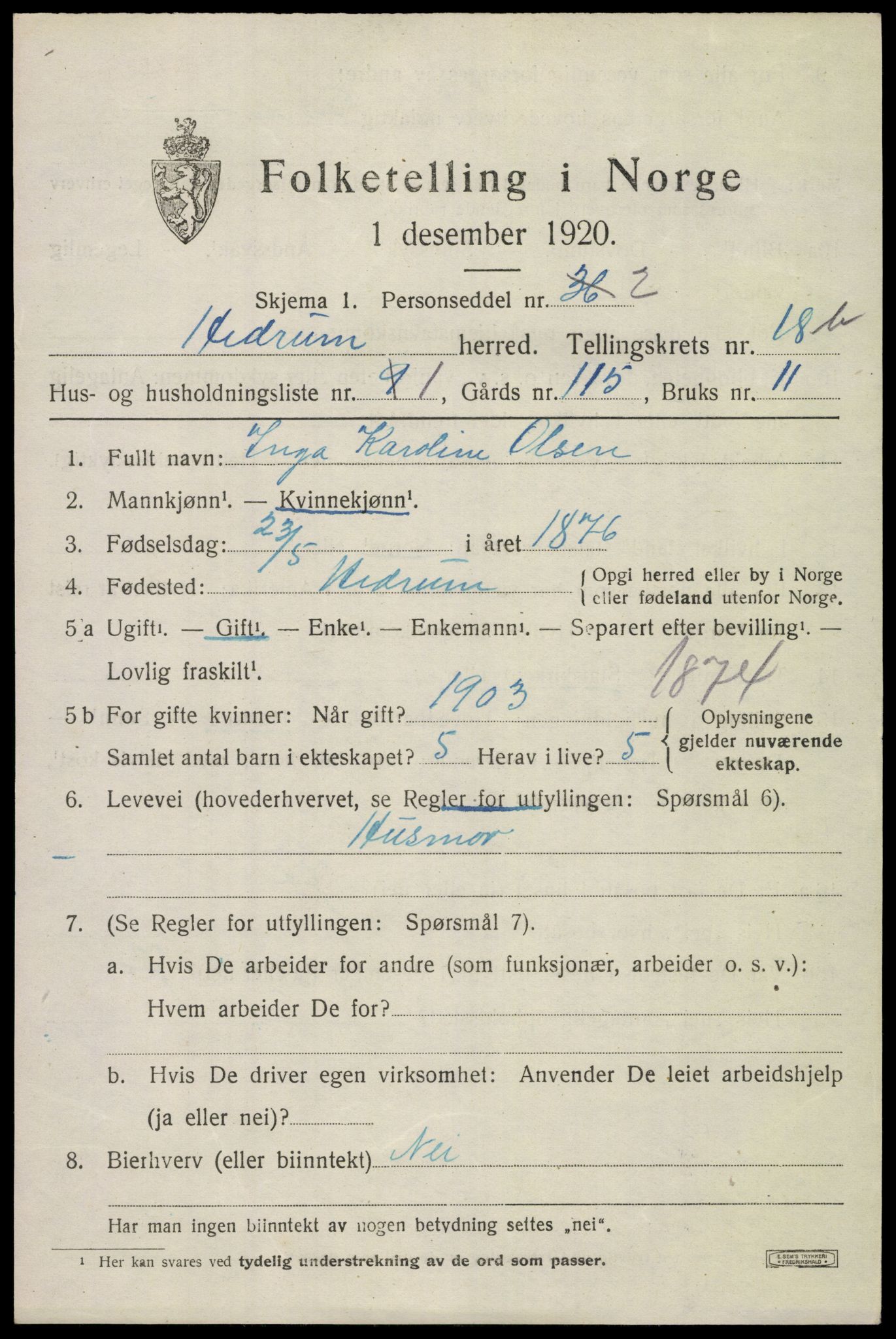 SAKO, 1920 census for Hedrum, 1920, p. 11011