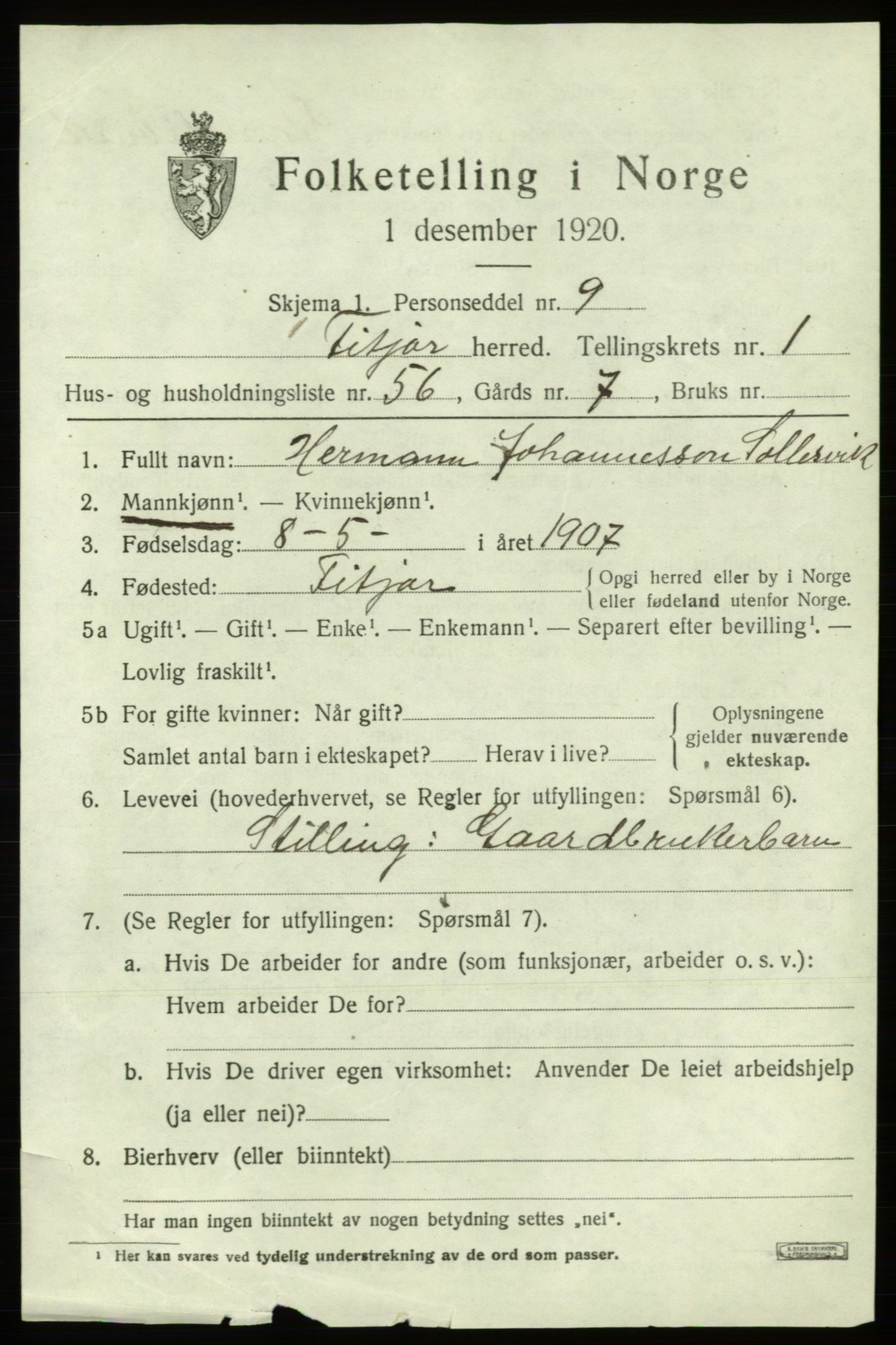 SAB, 1920 census for Fitjar, 1920, p. 1568