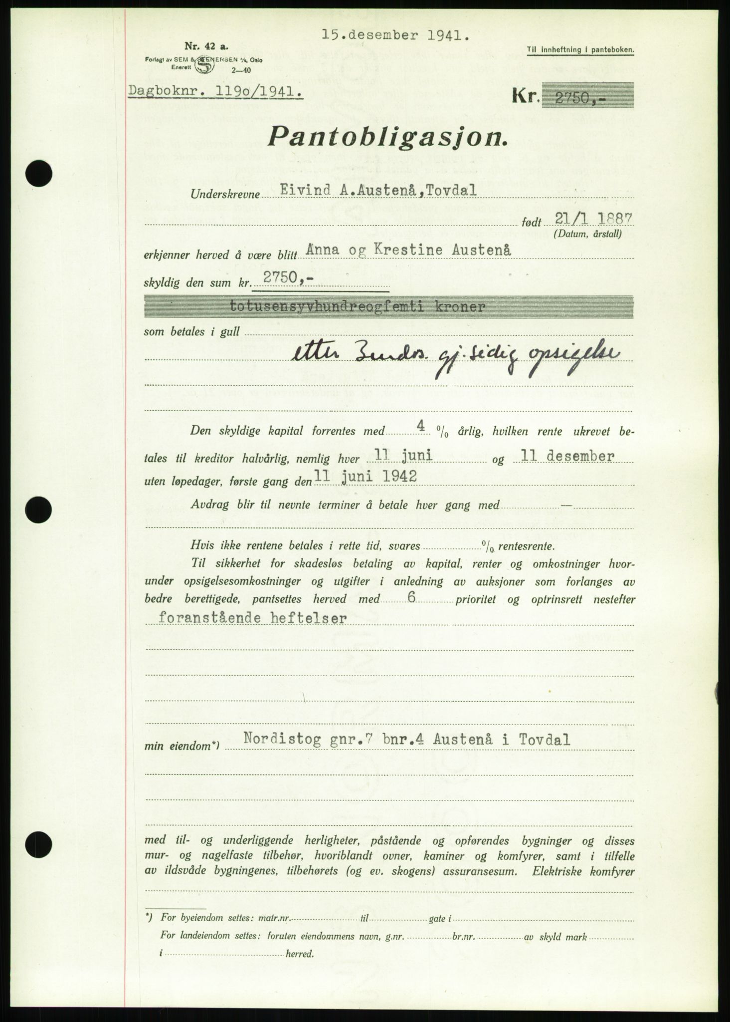 Nedenes sorenskriveri, AV/SAK-1221-0006/G/Gb/Gbb/L0001: Mortgage book no. I, 1939-1942, Diary no: : 1190/1941