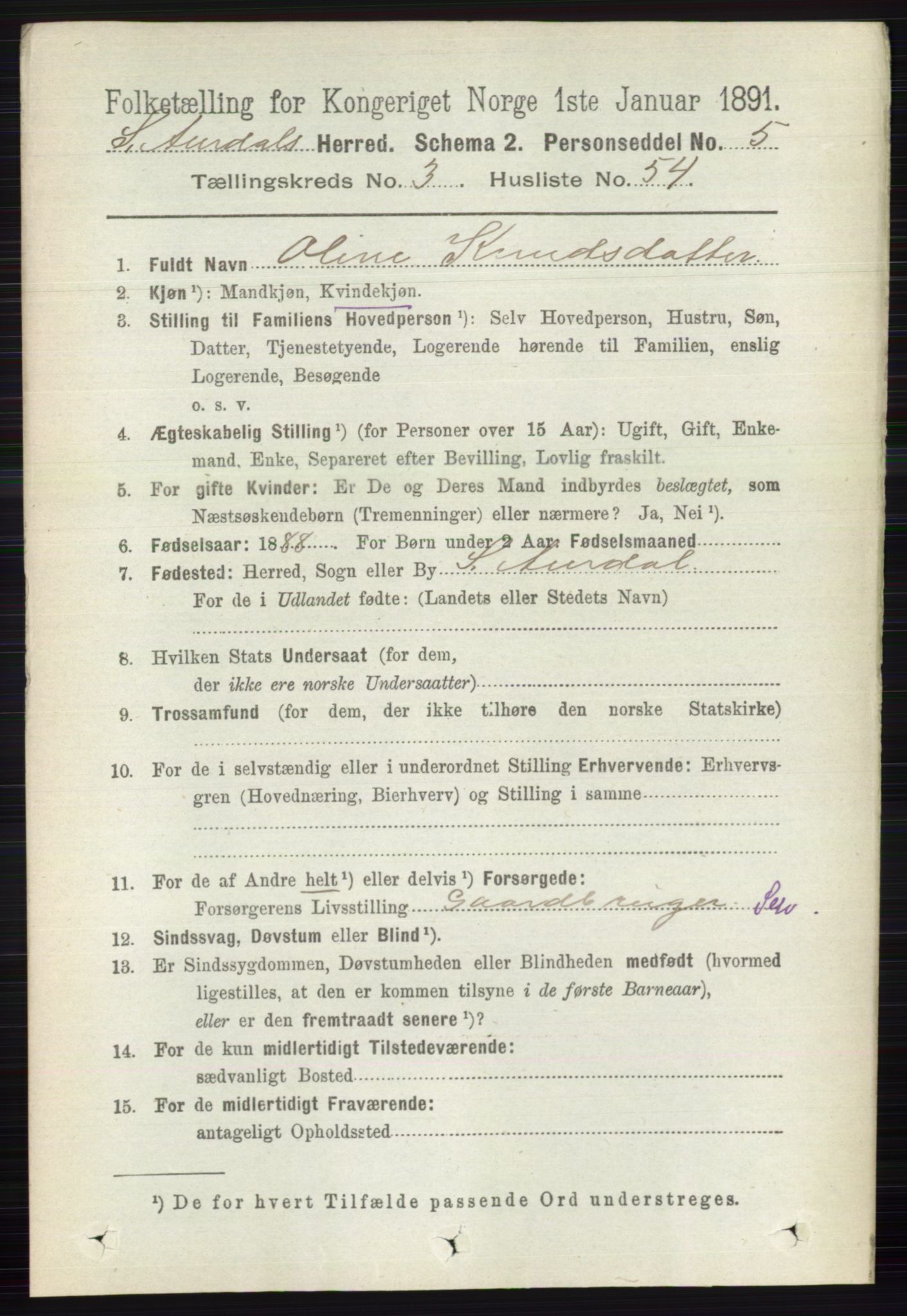 RA, 1891 census for 0540 Sør-Aurdal, 1891, p. 2010