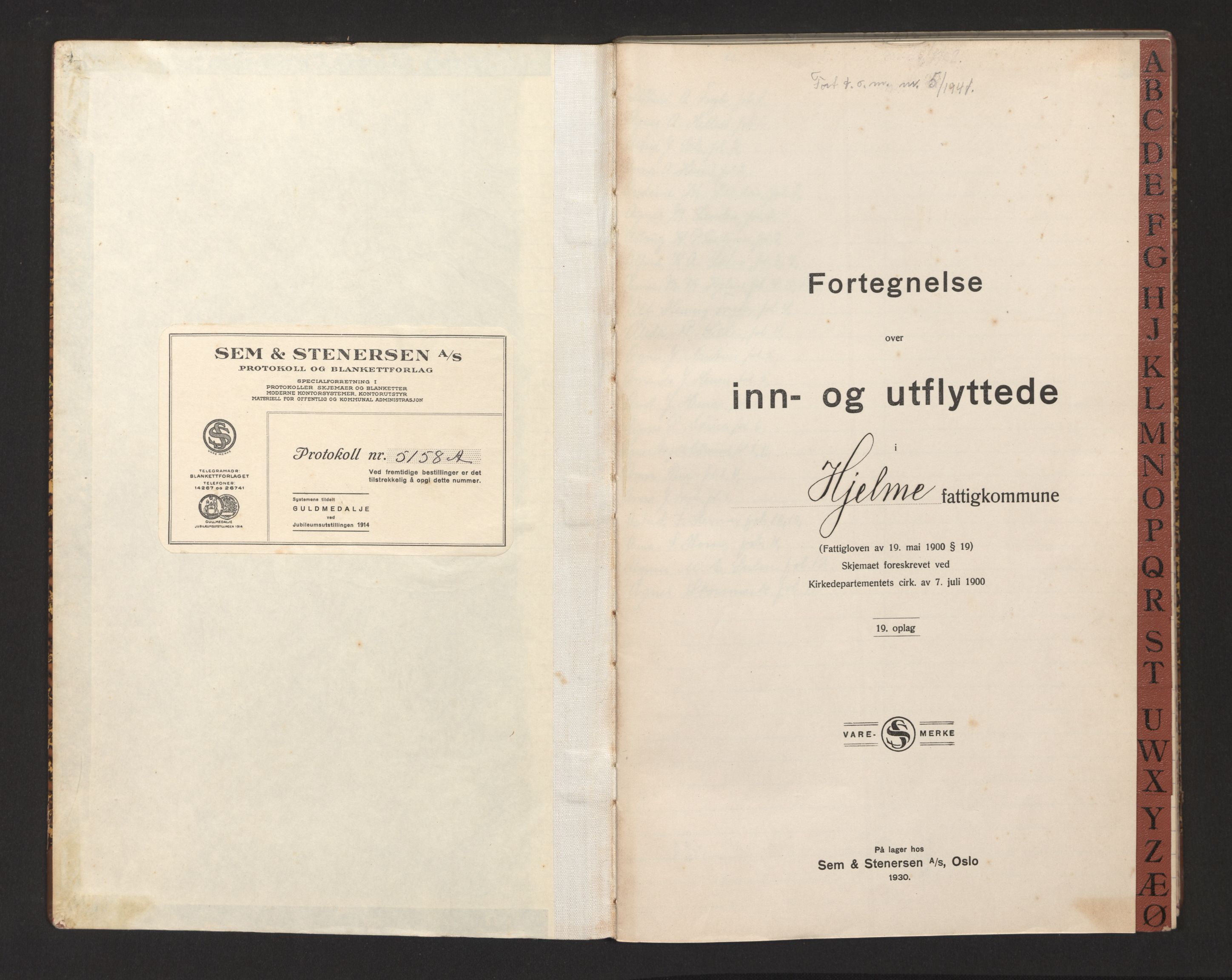 Lensmannen i Manger, AV/SAB-A-33701/0020/L0010: Protokoll over inn- og utflytte, Hjelme, 1934-1943