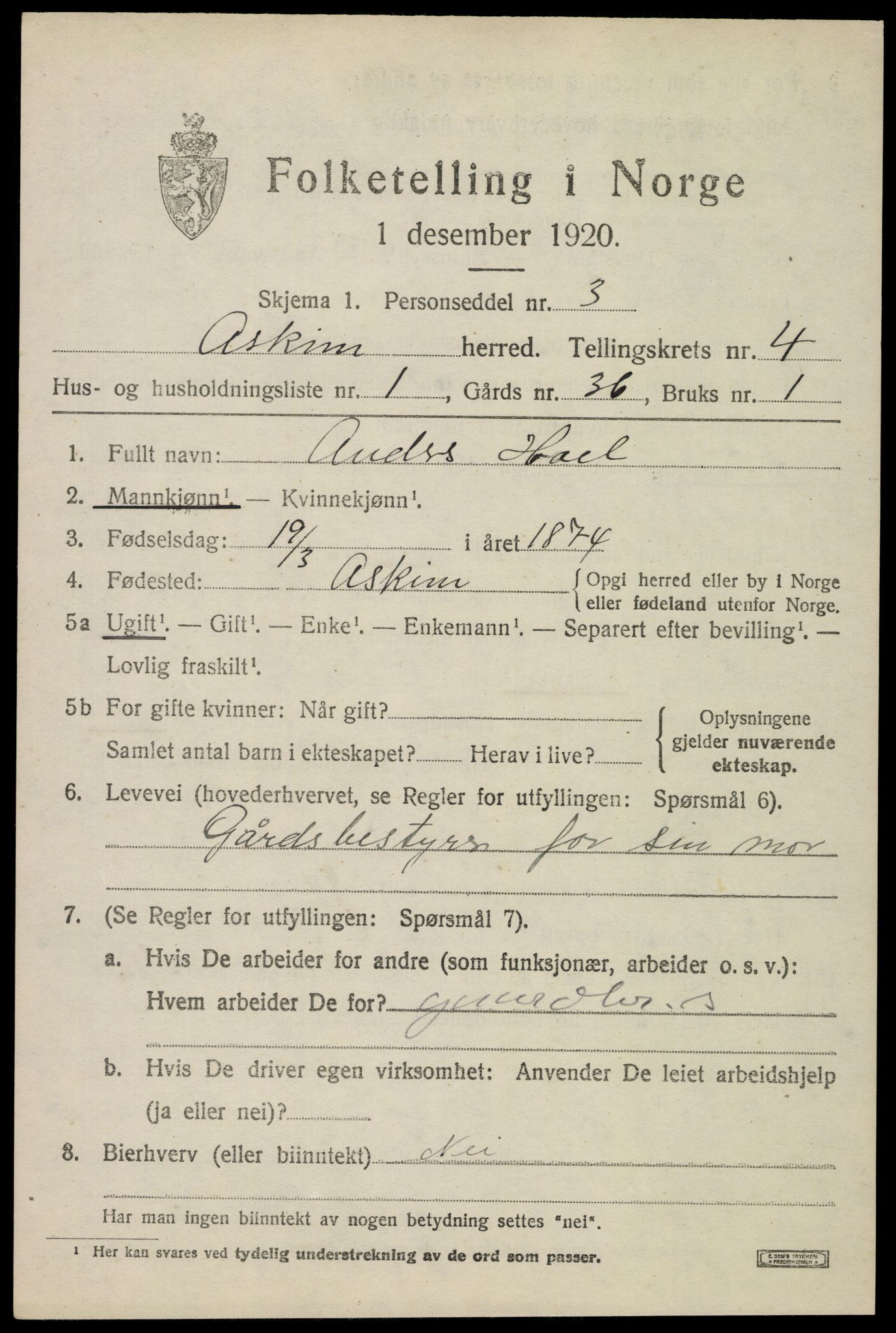 SAO, 1920 census for Askim, 1920, p. 7975