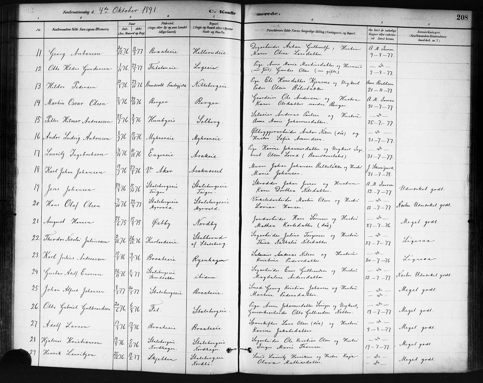 Skedsmo prestekontor Kirkebøker, SAO/A-10033a/G/Ga/L0004: Parish register (copy) no. I 4, 1883-1895, p. 208