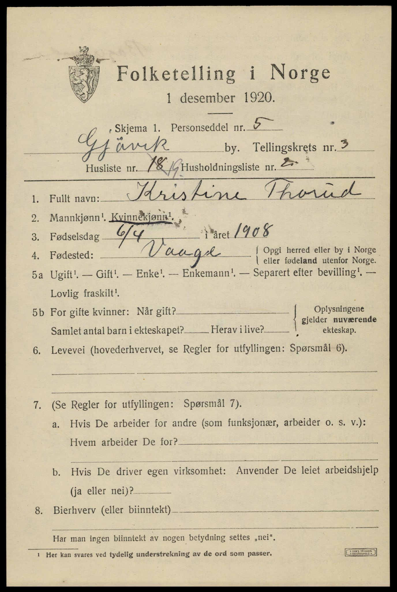 SAH, 1920 census for Gjøvik, 1920, p. 6566