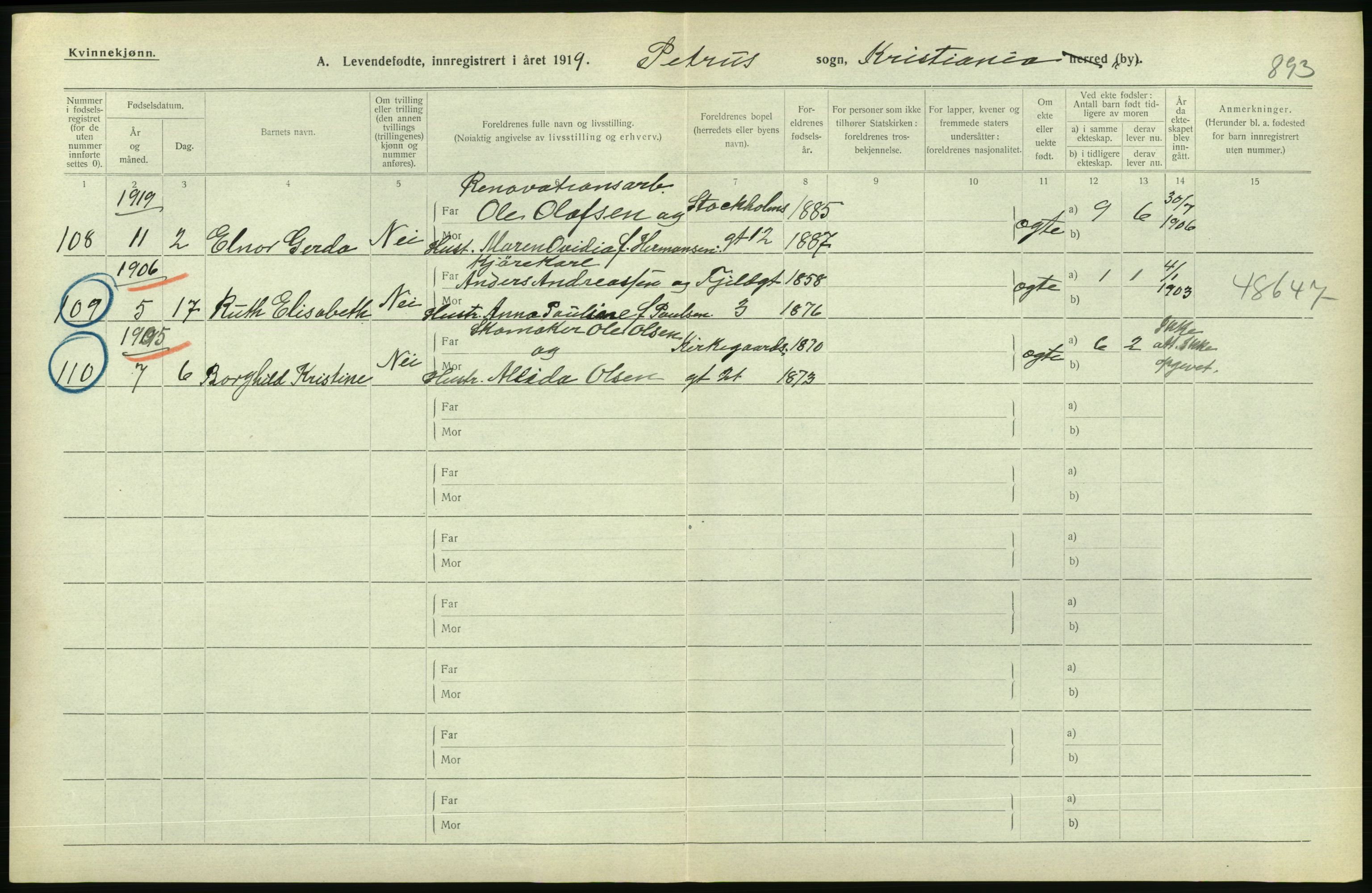 Statistisk sentralbyrå, Sosiodemografiske emner, Befolkning, AV/RA-S-2228/D/Df/Dfb/Dfbi/L0008: Kristiania: Levendefødte menn og kvinner., 1919