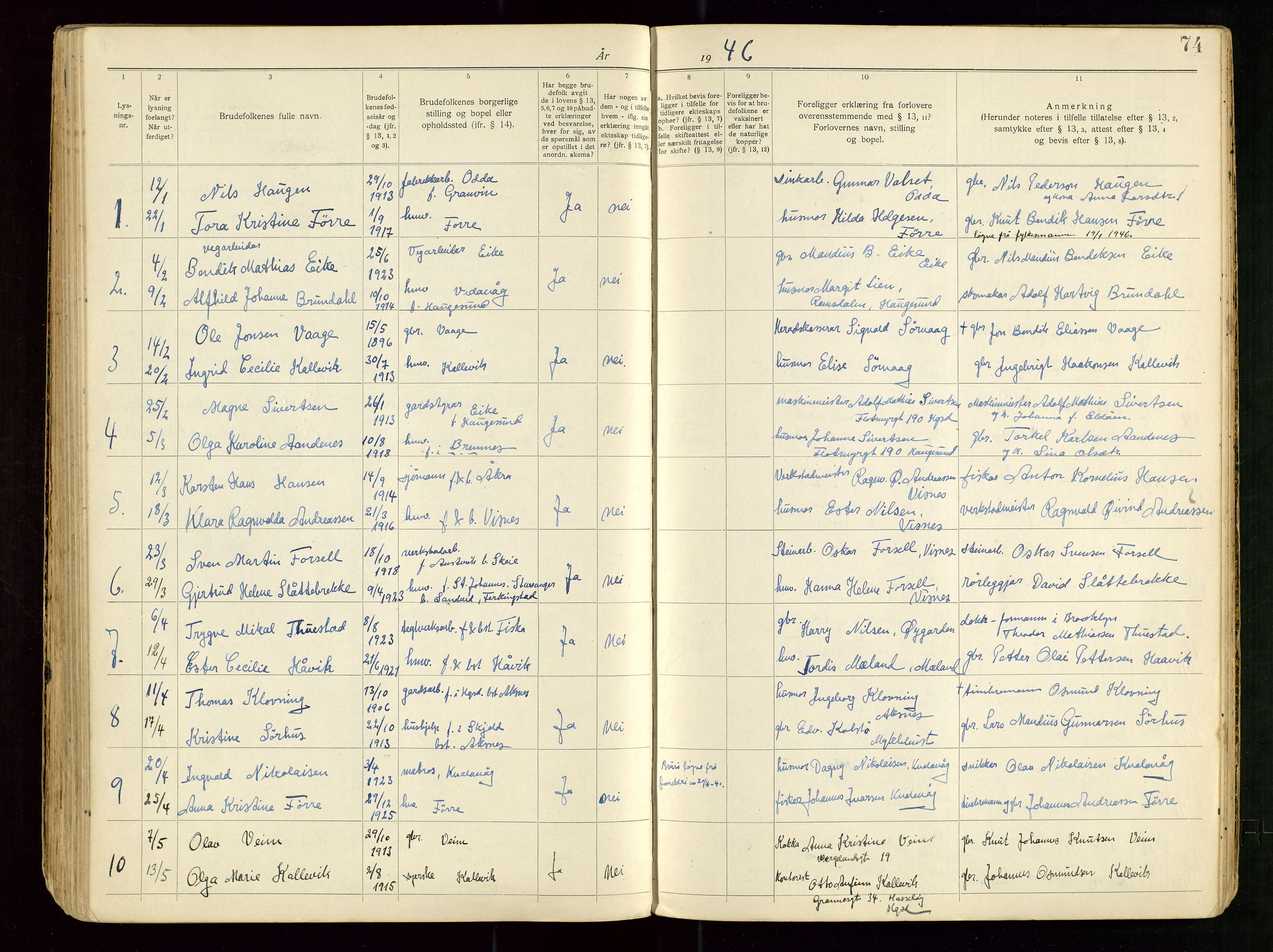 Banns register no. 5, 1919-1952, p. 74