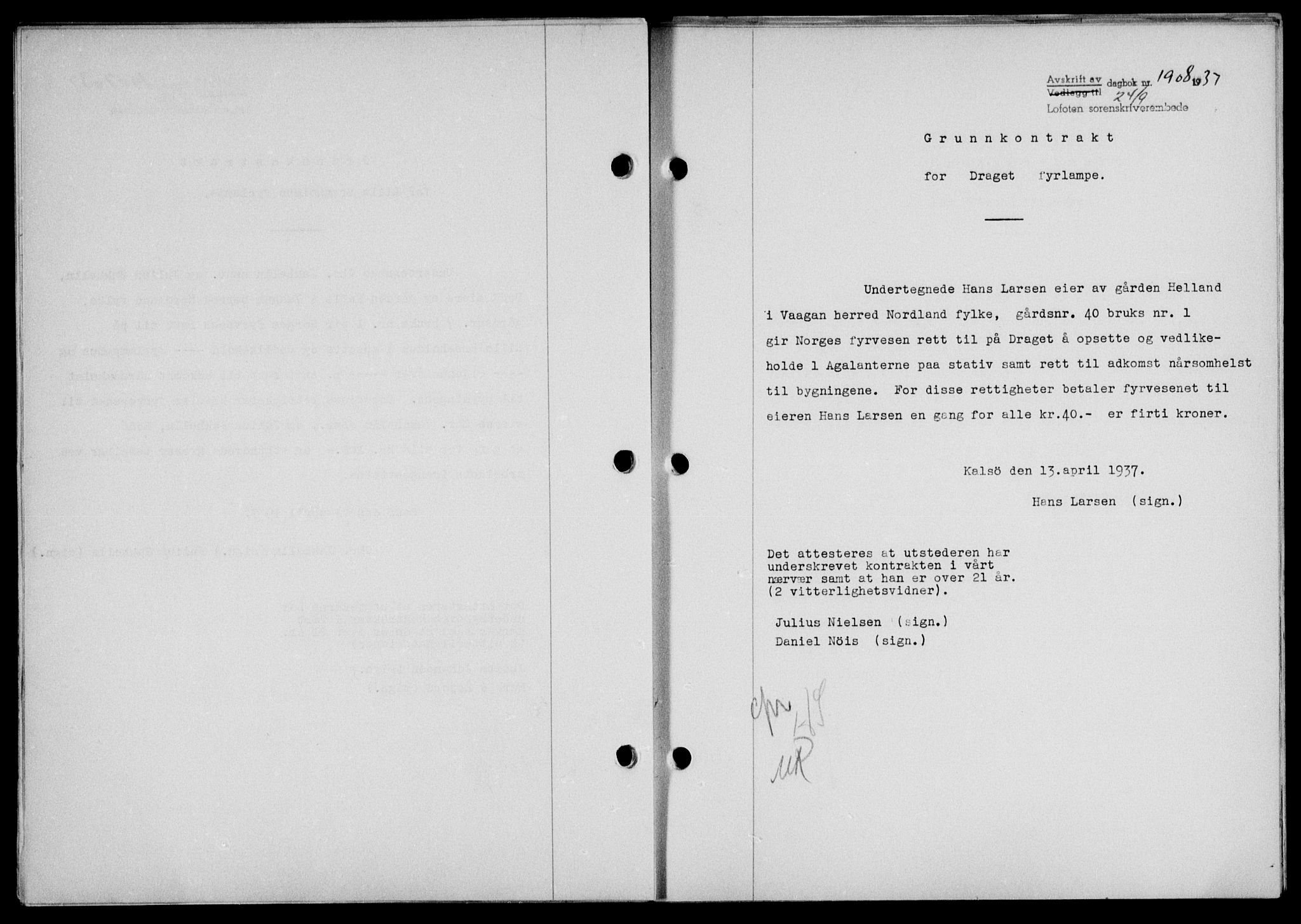Lofoten sorenskriveri, SAT/A-0017/1/2/2C/L0002a: Mortgage book no. 2a, 1937-1937, Diary no: : 1908/1937