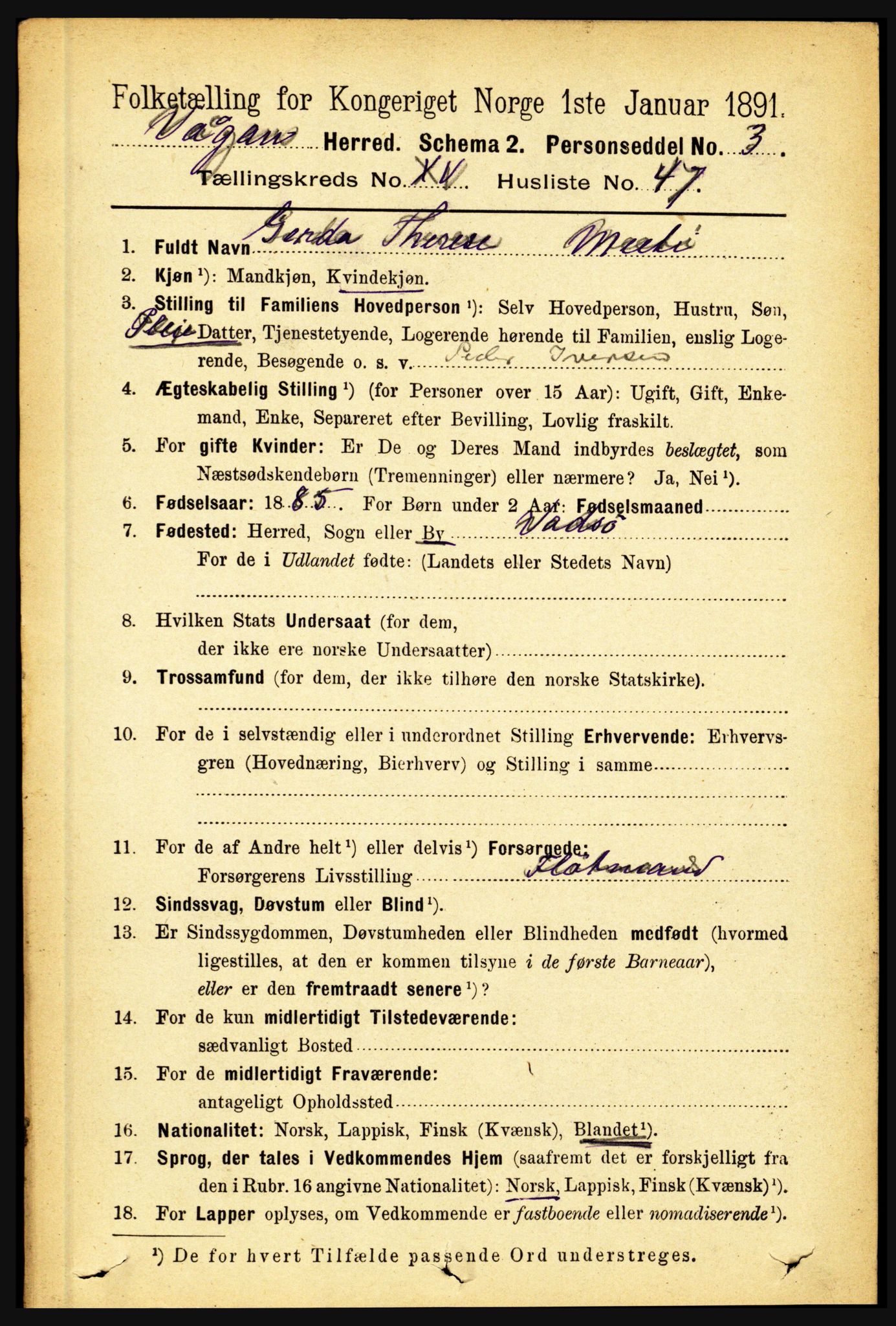 RA, 1891 census for 1865 Vågan, 1891, p. 4490