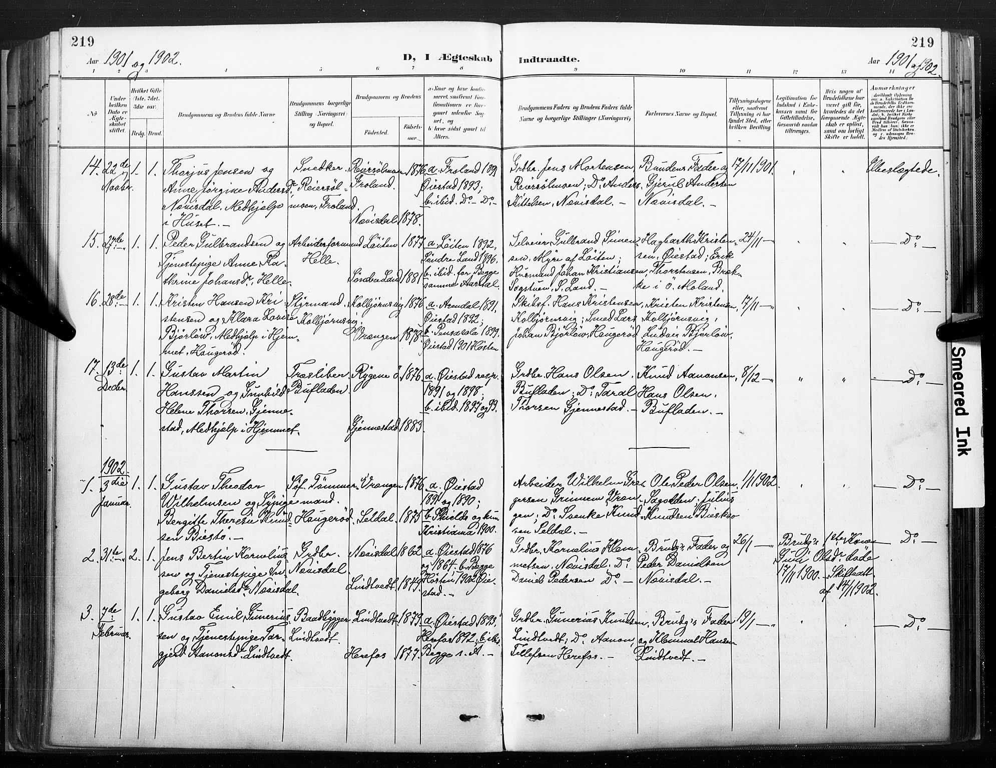 Øyestad sokneprestkontor, SAK/1111-0049/F/Fa/L0018: Parish register (official) no. A 18, 1897-1907, p. 219