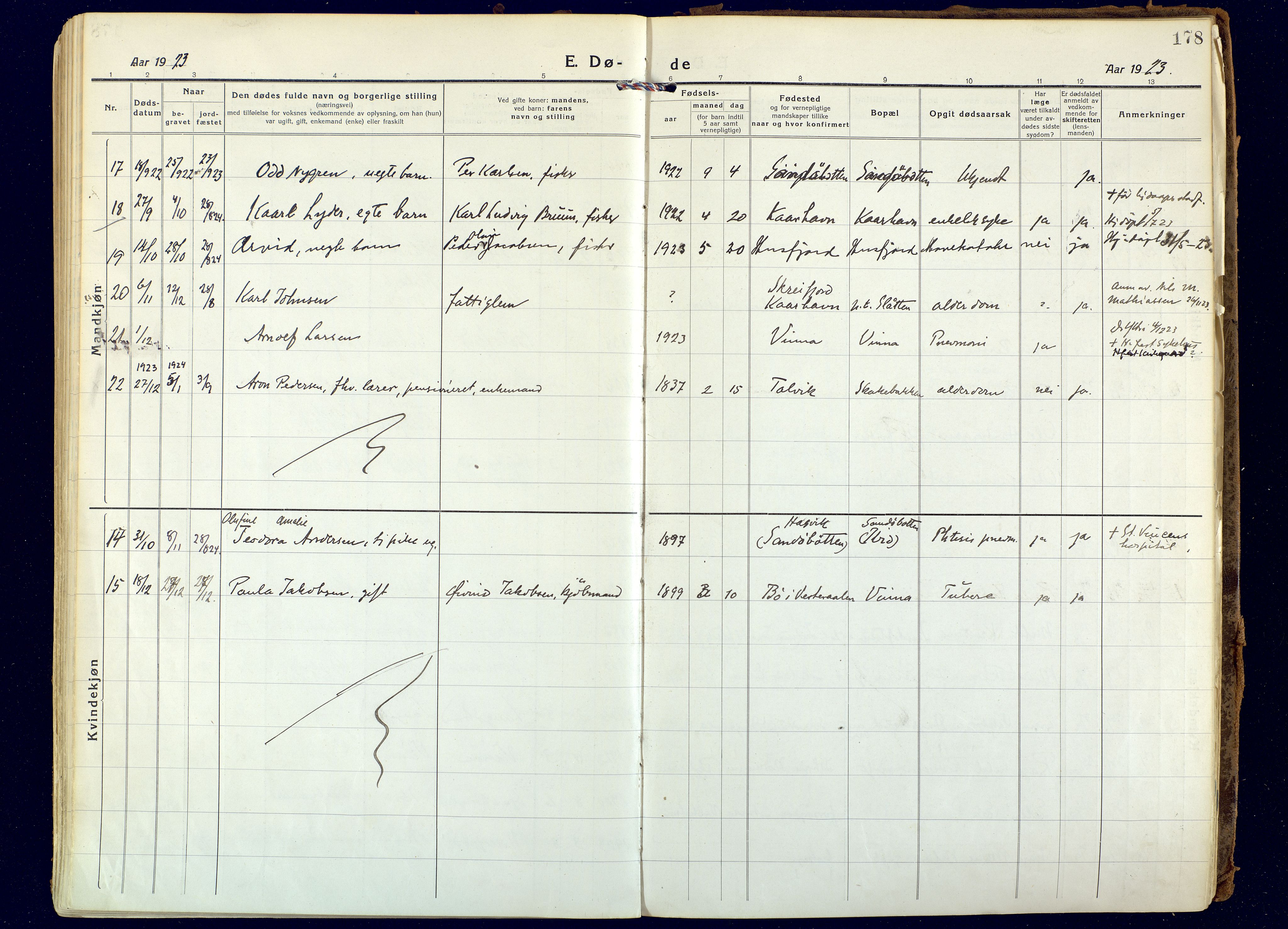 Hammerfest sokneprestkontor, AV/SATØ-S-1347/H/Ha/L0018.kirke: Parish register (official) no. 18, 1918-1933, p. 178