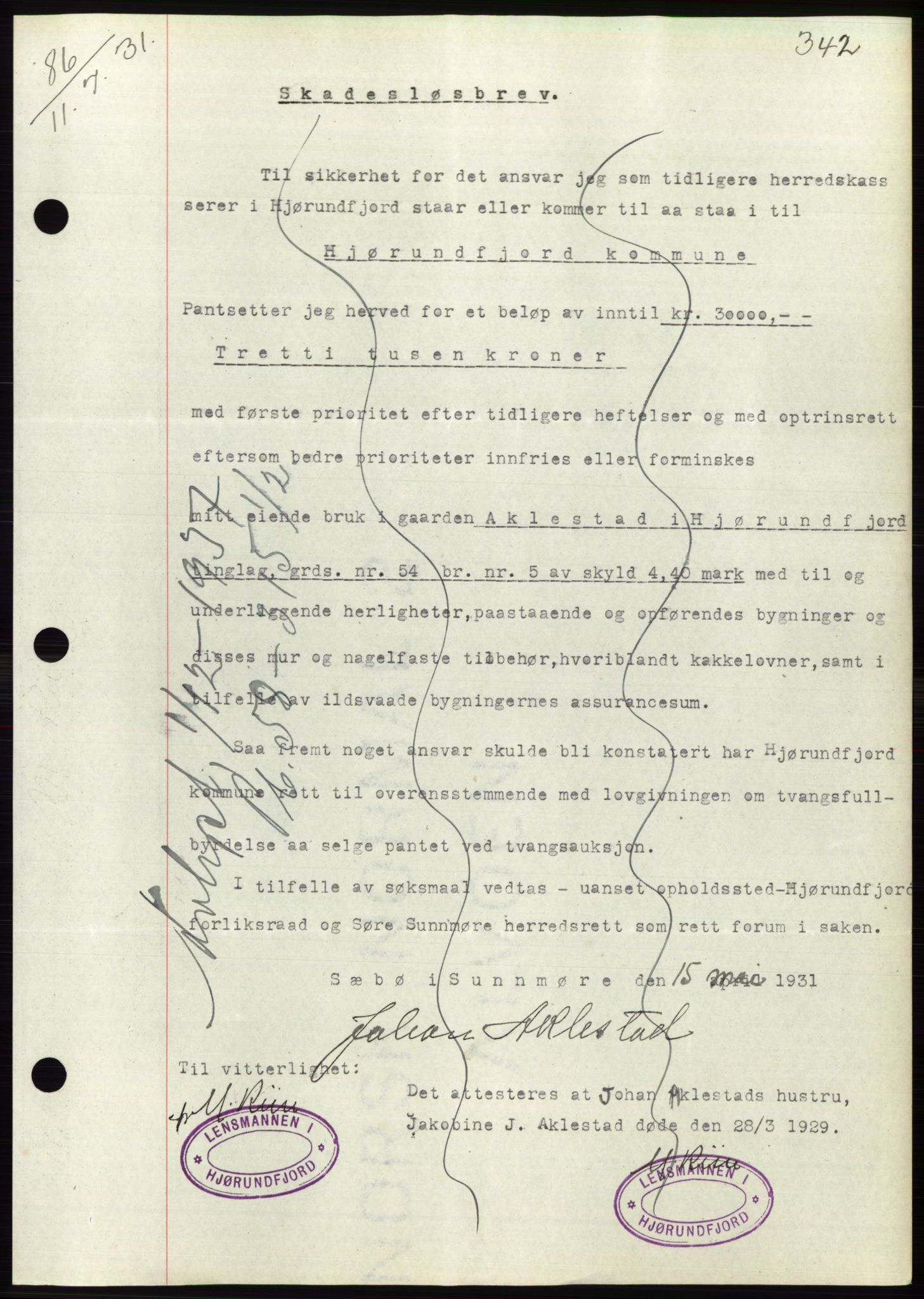 Søre Sunnmøre sorenskriveri, AV/SAT-A-4122/1/2/2C/L0052: Mortgage book no. 46, 1931-1931, Deed date: 11.07.1931