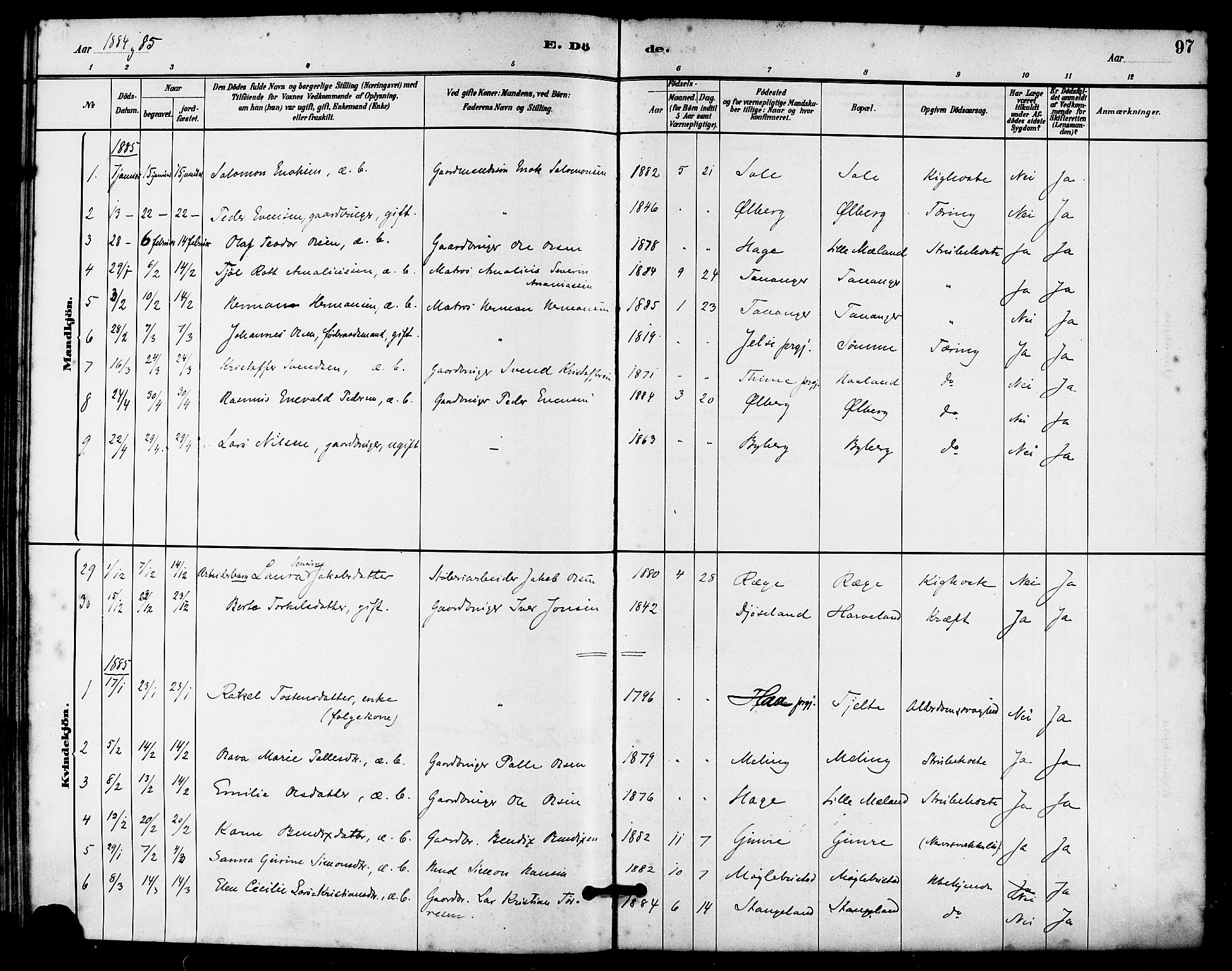Håland sokneprestkontor, SAST/A-101802/001/30BA/L0010: Parish register (official) no. A 9, 1883-1888, p. 97