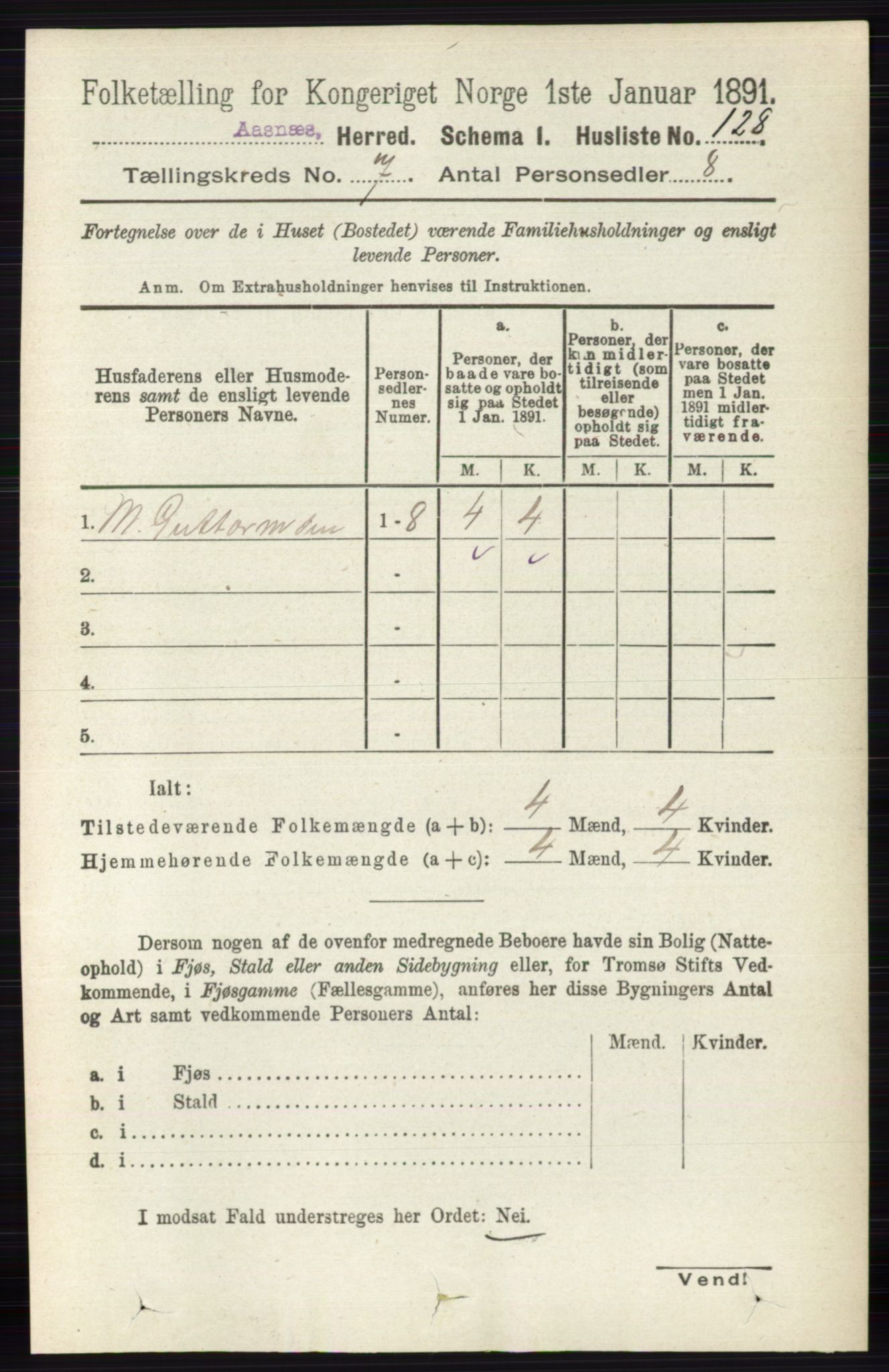 RA, 1891 census for 0425 Åsnes, 1891, p. 3364