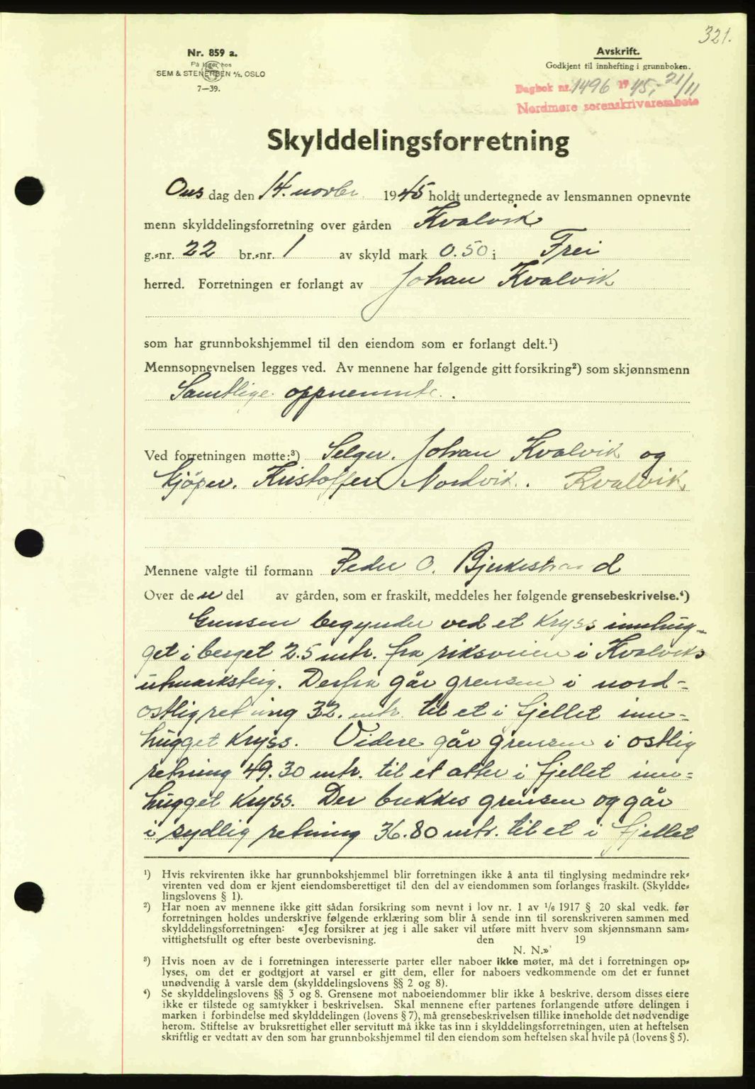 Nordmøre sorenskriveri, AV/SAT-A-4132/1/2/2Ca: Mortgage book no. A100a, 1945-1945, Diary no: : 1496/1945