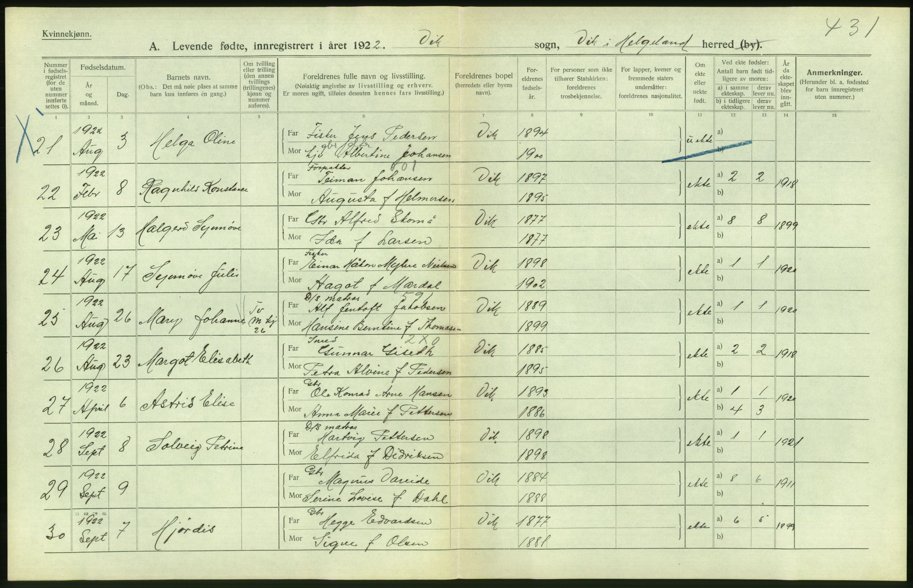 Statistisk sentralbyrå, Sosiodemografiske emner, Befolkning, AV/RA-S-2228/D/Df/Dfc/Dfcb/L0044: Nordland fylke: Levendefødte menn og kvinner. Bygder og byer., 1922, p. 512