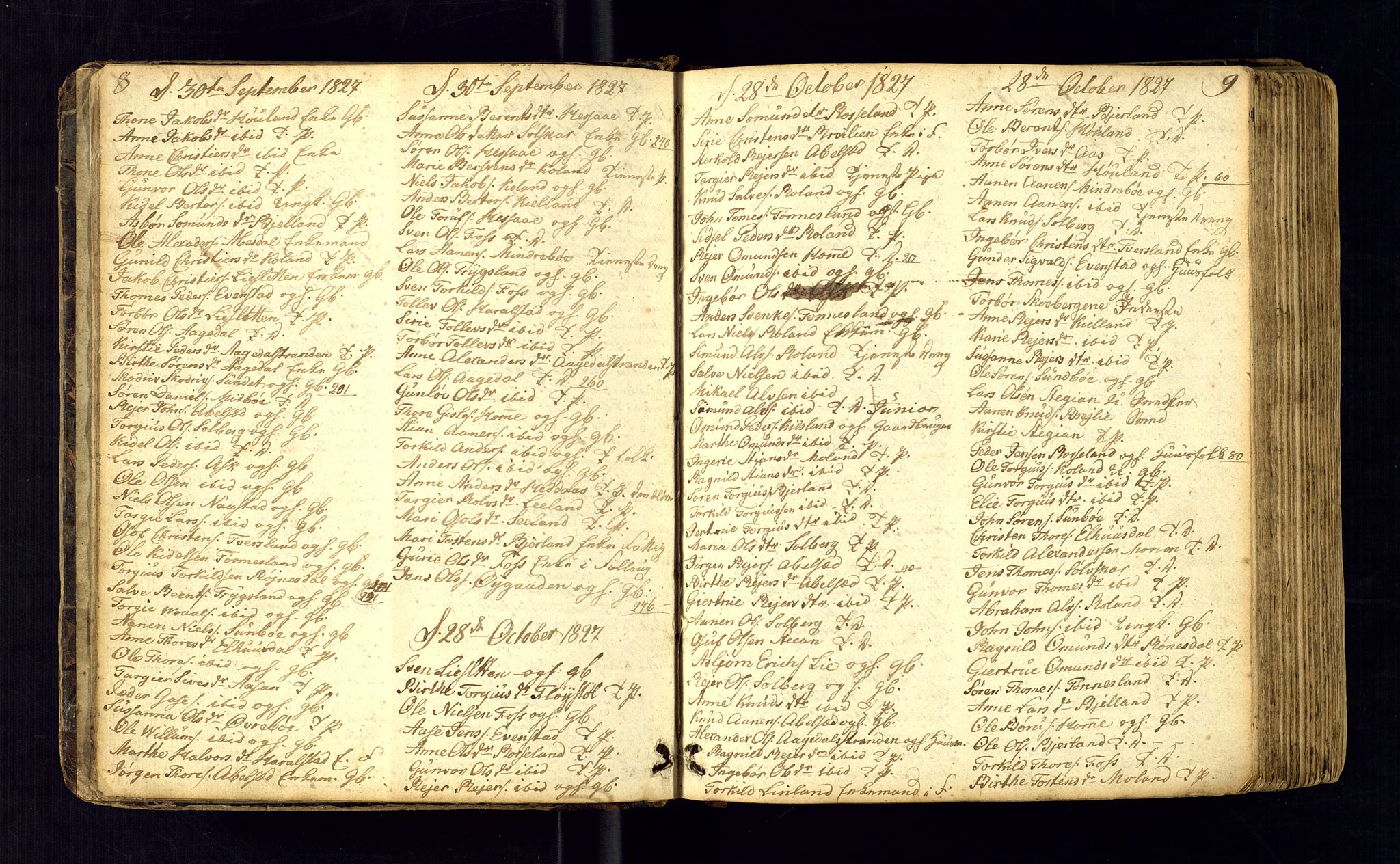 Bjelland sokneprestkontor, SAK/1111-0005/F/Fc/Fca/L0001: Communicants register no. C-1, 1827-1887, p. 8-9