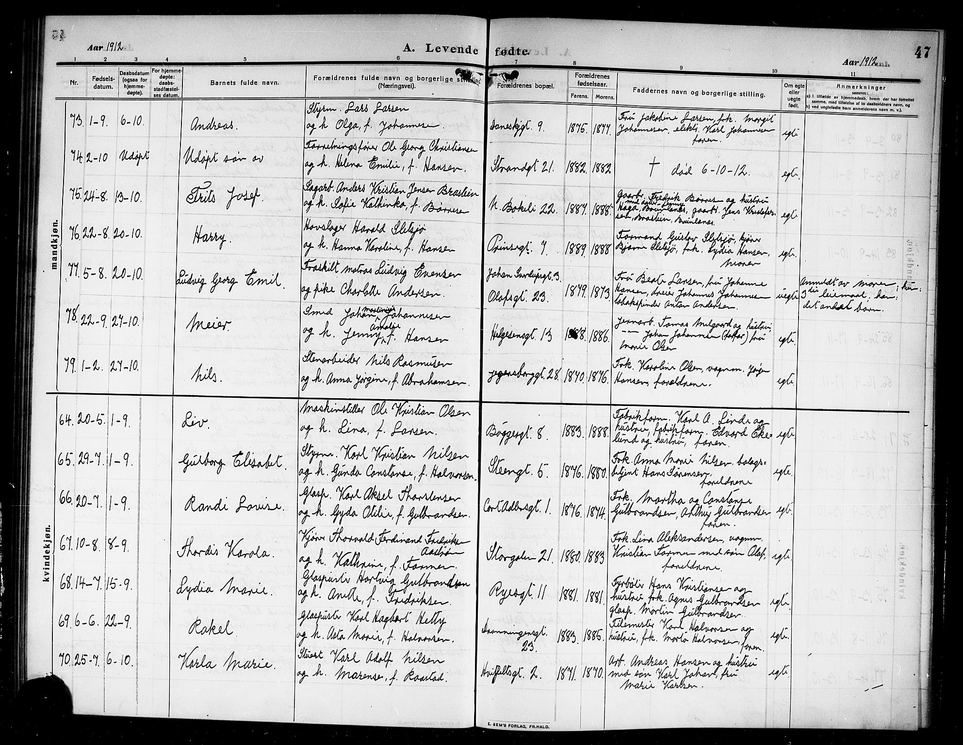 Larvik kirkebøker, AV/SAKO-A-352/G/Ga/L0008: Parish register (copy) no. I 8, 1909-1920, p. 47
