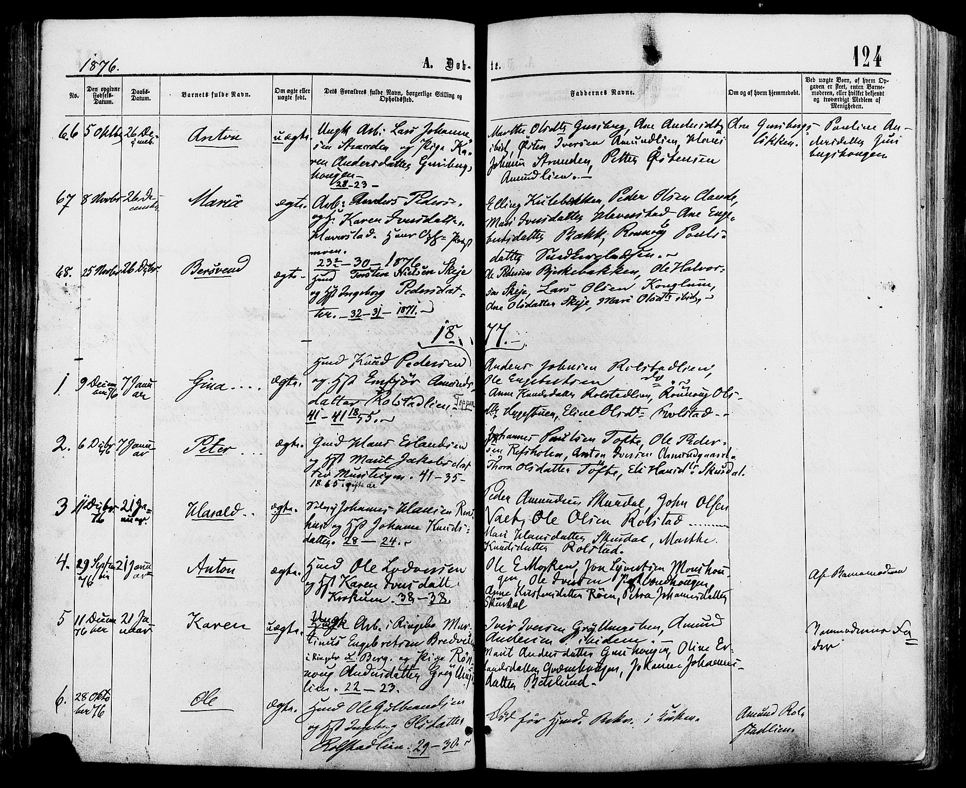 Sør-Fron prestekontor, SAH/PREST-010/H/Ha/Haa/L0002: Parish register (official) no. 2, 1864-1880, p. 124