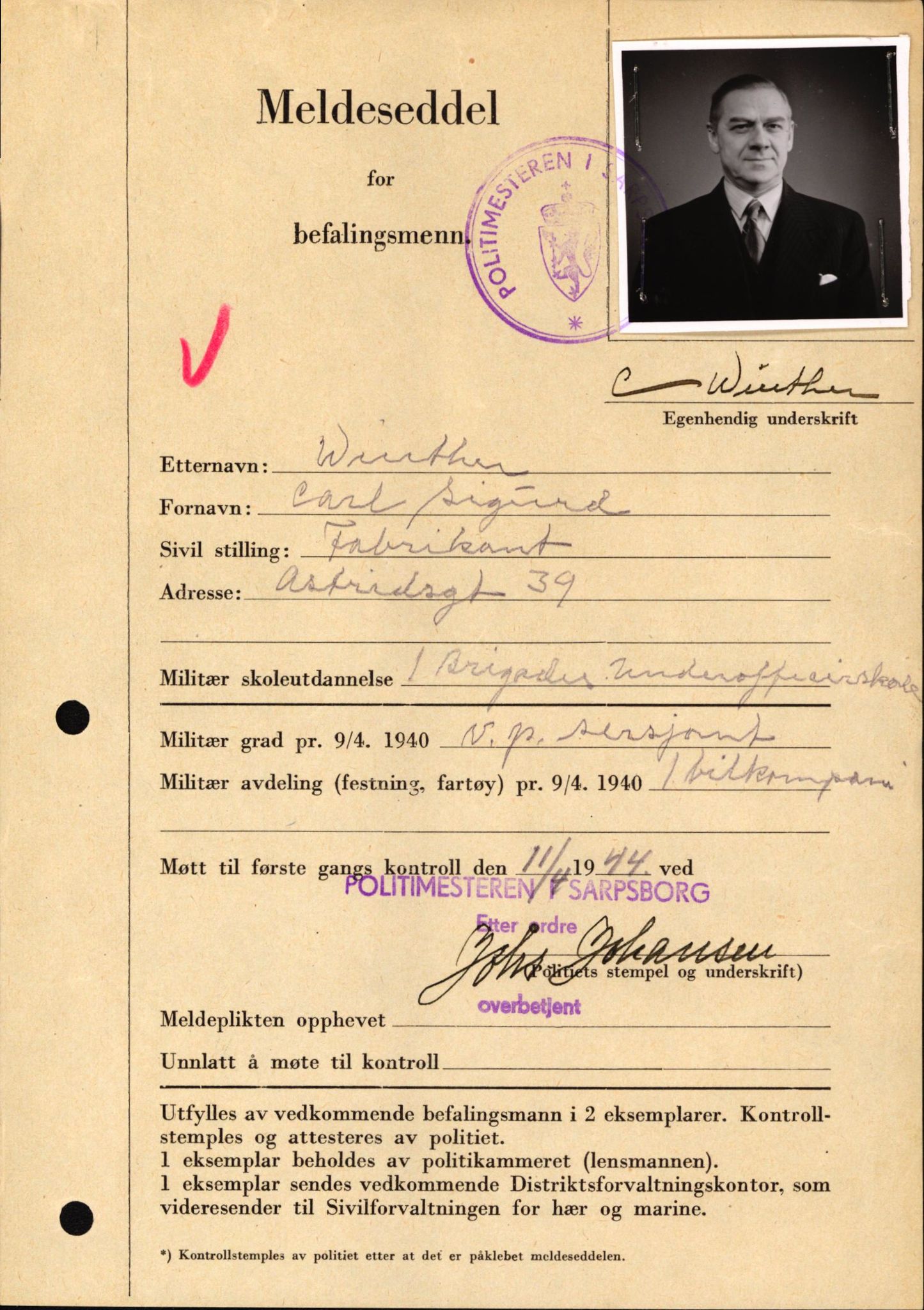 Forsvaret, Forsvarets krigshistoriske avdeling, AV/RA-RAFA-2017/Y/Yf/L0209: II-C-11-2121  -  Okkupasjonstiden.  Meldesedler for befal med foto og oppl. om militær grad 9. apr. 1940., 1944-1945, p. 1284